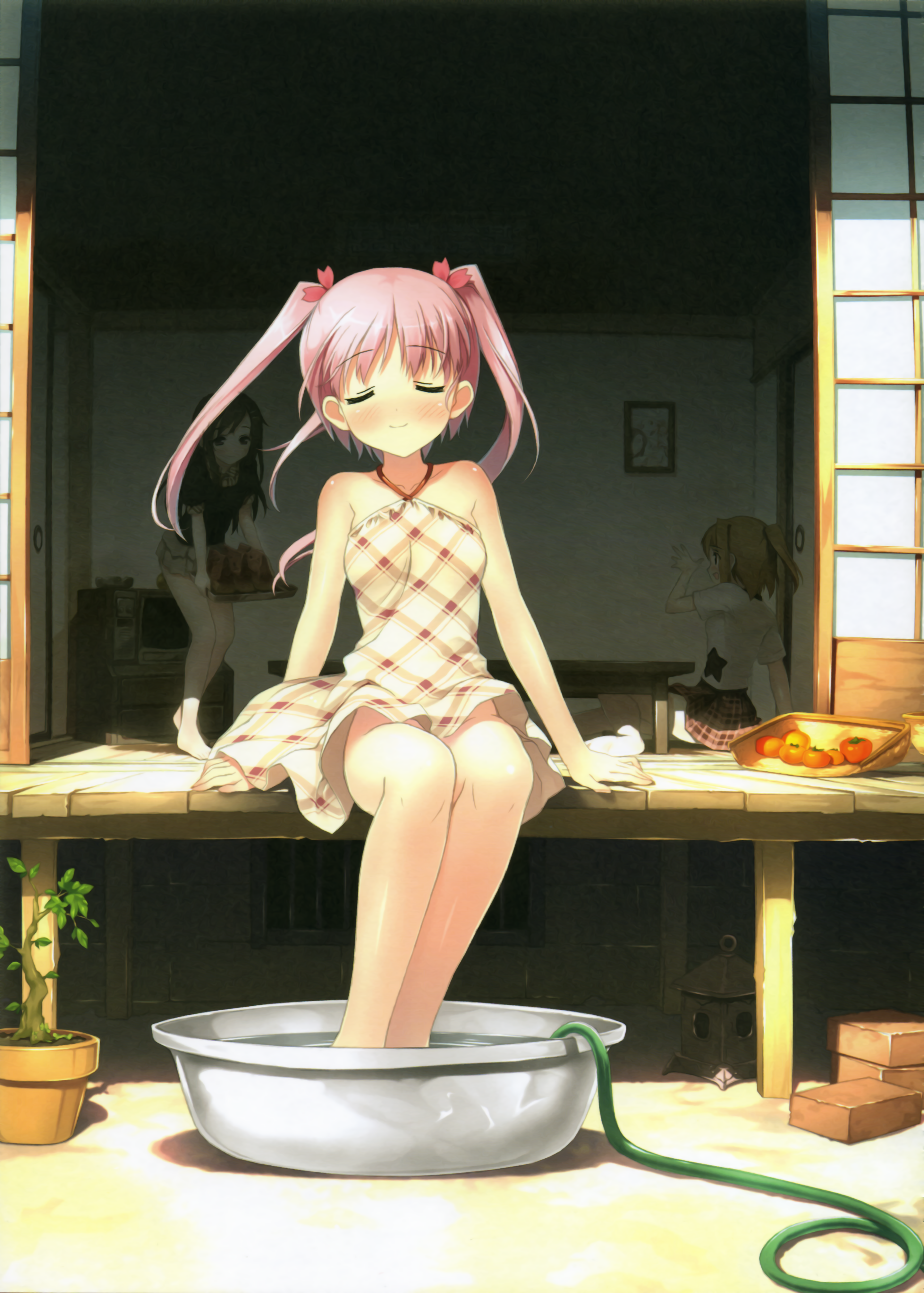 kantoku, miyaguchi hiromi, miyaguchi kanna, miyaguchi kei, original, absurdres, highres, 3girls, bare shoulders, barefoot, basin, blush, brick, closed eyes, dress, food, fruit, hose, house, loli, multiple girls, no panties, persimmon, pink hair, porch, siblings, sisters, sitting, smile, soaking feet, tomato, twintails, upskirt, veranda, water, watermelon