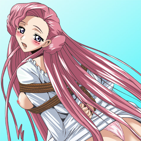 euphemia li britannia, code geass, lowres, 00s, 1girl, arms behind back, ass, bdsm, blush, bondage, bound, breasts, donut hair bun, female focus, hair bun, medium breasts, nipples, panties, rope, shibari, solo, underwear