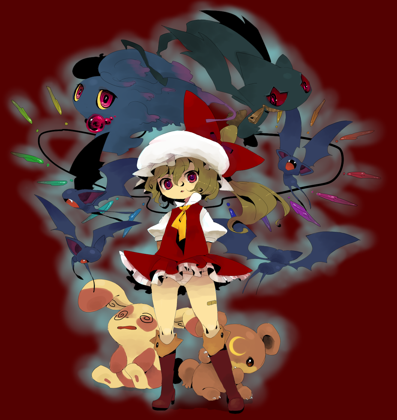 ichihaya, banette, flandre scarlet, misdreavus, spinda, teddiursa, zubat, nintendo, pokemon, touhou, highres, 1girl, arms behind back, bandaid, blonde hair, boots, crossover, gen 1 pokemon, gen 2 pokemon, gen 3 pokemon, hat, knee boots, mob cap, panties, pokemon (creature), ponytail, purple eyes, red eyes, standing, underwear, wings