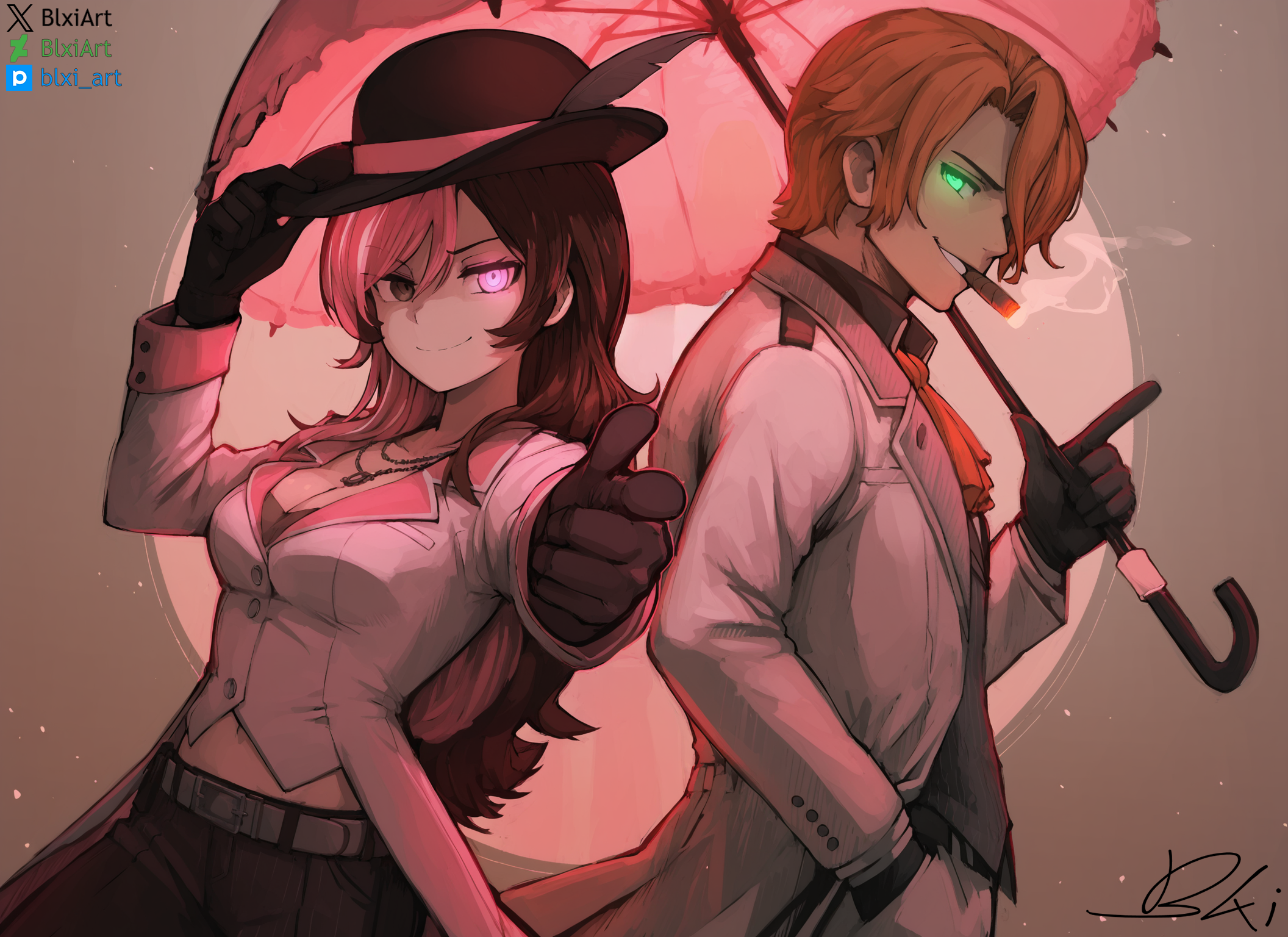 neopolitan (rwby), roman torchwick, rwby, ai-assisted, highres, self-upload, 1boy, 1girl, back-to-back, belt, black gloves, blxi, bowler hat, breasts, brown eyes, brown hair, cigar, cleavage, cowboy shot, dutch angle, finger gun, foreshortening, from side, gloves, glowing, glowing eyes, green eyes, hair over one eye, hand in pocket, hat, hat feather, hat tip, heterochromia, holding, holding umbrella, jacket, jewelry, long hair, long sleeves, looking at viewer, male focus, medium breasts, multicolored hair, necklace, orange hair, parasol, pink background, pink eyes, pink hair, pointing, pointing at viewer, signature, sleeve cuffs, smile, smug, split-color hair, two-tone background, two-tone hair, umbrella, white jacket