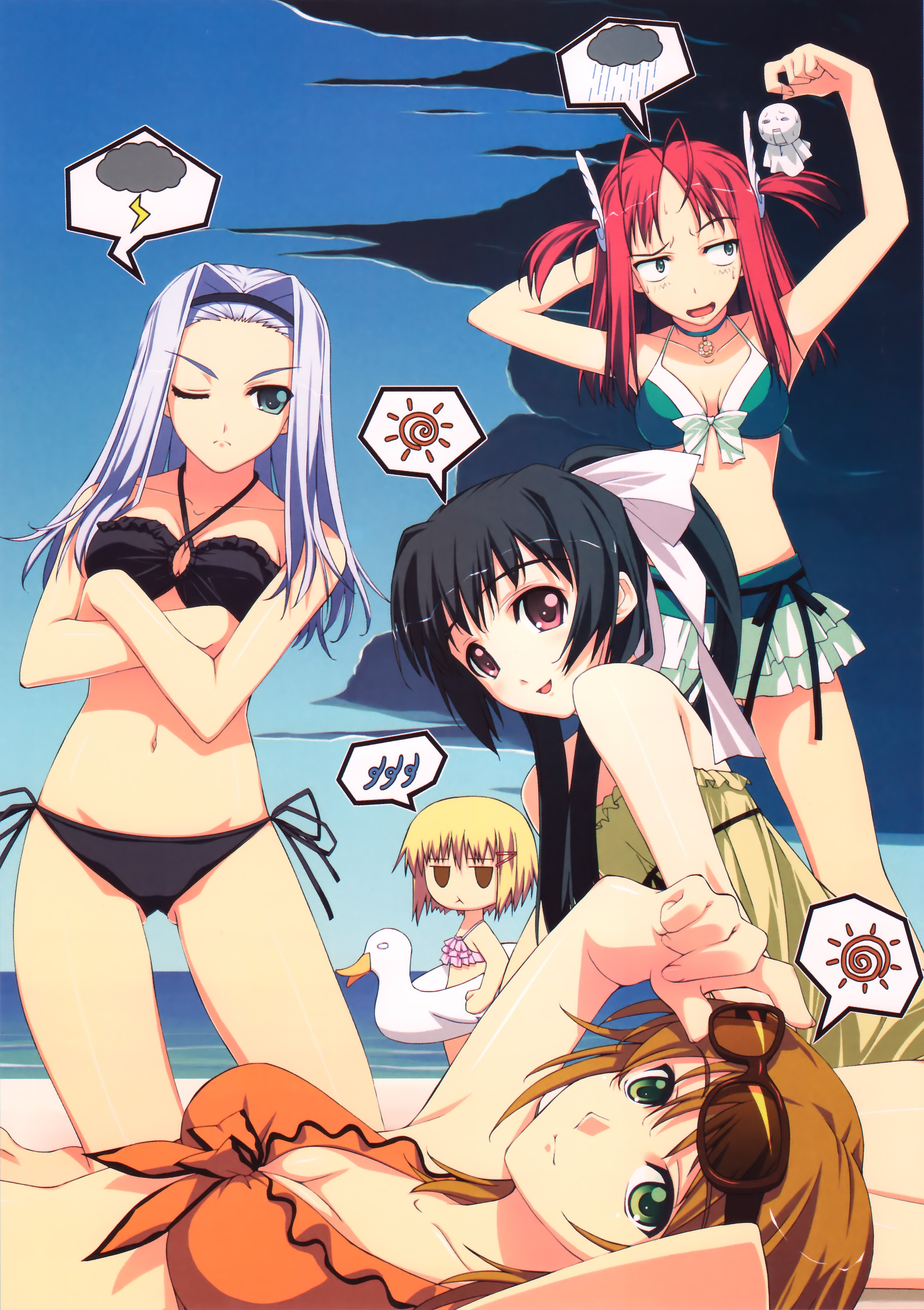 murakami suigun, arashiyama tomoe, hareruya amane, kamikaze ui, kasuga youko, kiriya mahiru, nettai teikiatsu shoujo, absurdres, highres, scan, 5girls, :<, beach, bikini, black hair, blonde hair, blue eyes, breasts, brown eyes, cleavage, cloud, day, everyone, eyewear on head, green eyes, hair ribbon, innertube, jitome, long hair, medium breasts, multiple girls, navel, one eye closed, orange hair, outdoors, phonecard, pink eyes, purple hair, red hair, ribbon, side-tie bikini bottom, sky, small breasts, speech bubble, spoken object, sunglasses, swim ring, swimsuit, teruterubouzu, wink