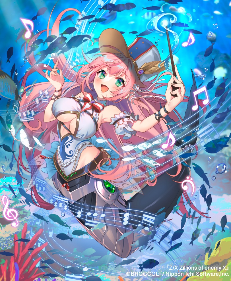 konatsu hare, z/x, official art, 1girl, air bubble, bass clef, beamed eighth notes, bow, bowtie, breasts, bubble, cleavage, cleavage cutout, clothing cutout, conductor baton, eighth note, fish, green eyes, hair ribbon, hat, hat ornament, holding baton, large breasts, leotard, long hair, ludwig (z/x), mermaid, monster girl, musical note, musical staff, open mouth, pink hair, ribbon, underwear, very long hair, white leotard, white ribbon
