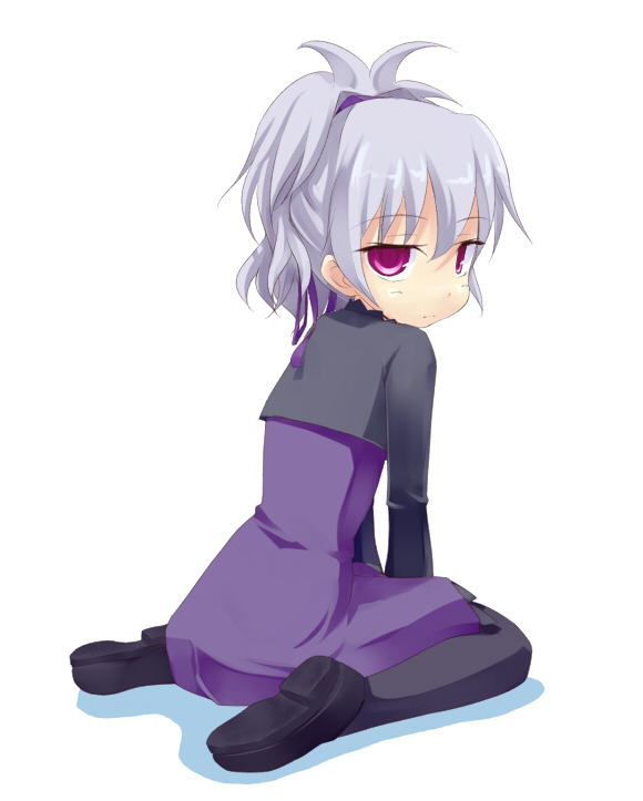 kuro (be ok), yin (darker than black), darker than black, silver hair, uniform, 00s, 1girl, antenna hair, black pantyhose, dress, female focus, full body, jitome, loafers, long sleeves, looking at viewer, looking back, pants, pantyhose, ponytail, purple dress, red eyes, shoe soles, shoes, sitting, solo, wariza