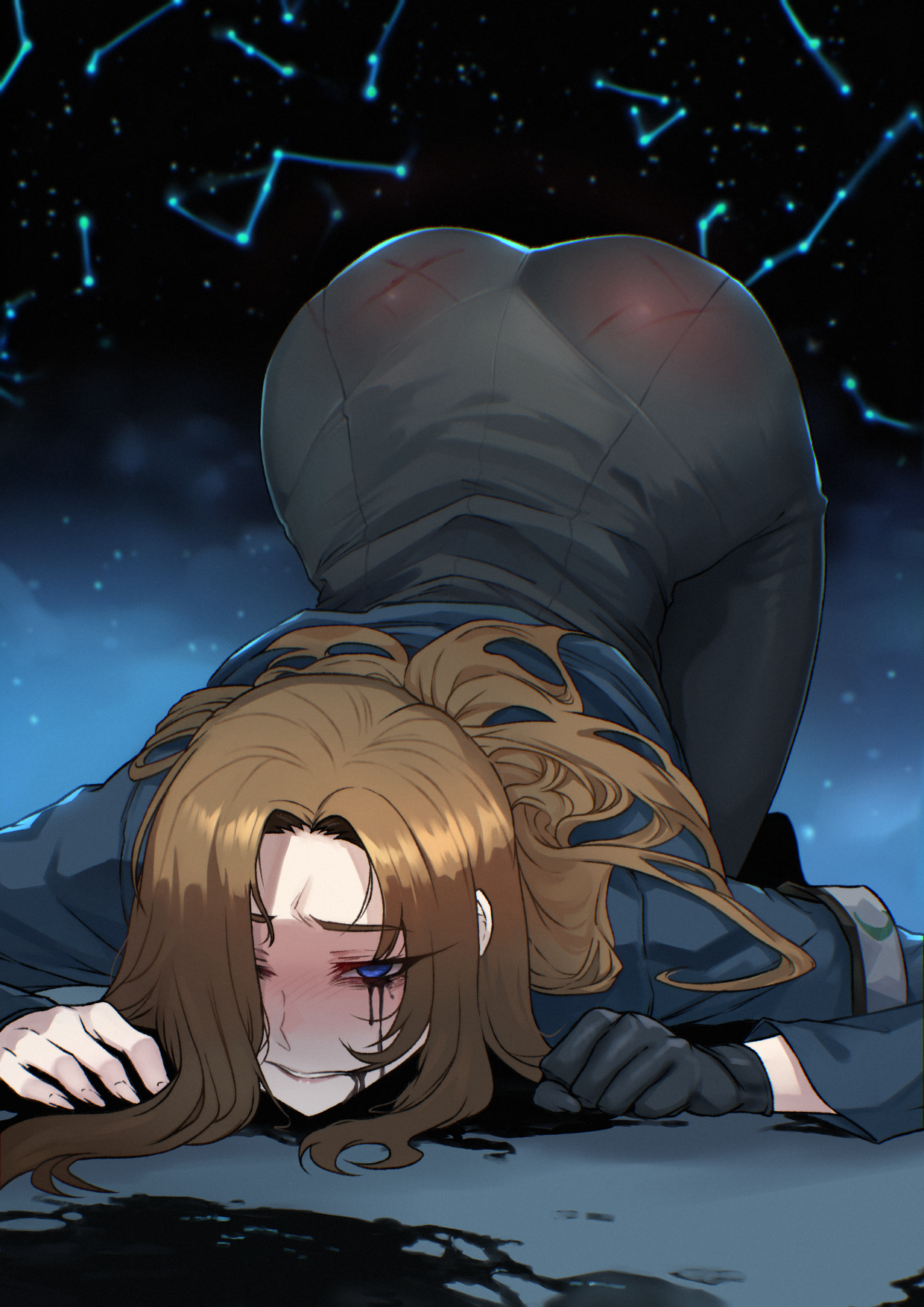 tresmarrow, rodion (project moon), limbus company, project moon, highres, ass, black gloves, blonde hair, blue eyes, gloves, long hair, makeup, runny makeup, shaded face, top-down bottom-up, whipping