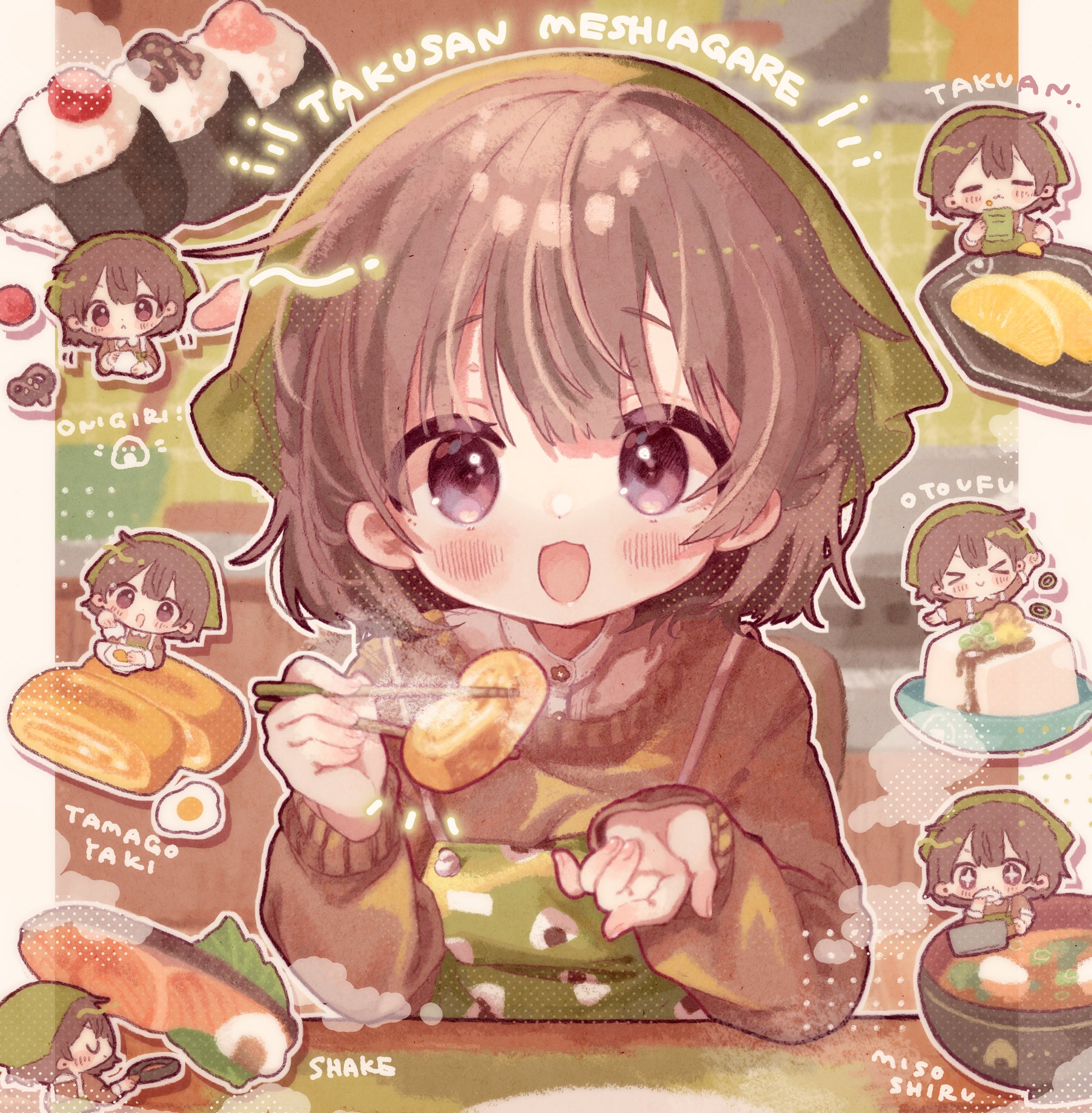 kamizakana iriko, original, commentary request, commission, highres, partially translated, skeb commission, translation request, 1girl, :d, blush, bowl, brown hair, brown shirt, chibi, chopsticks, closed eyes, closed mouth, food, green headscarf, headscarf, holding, holding chopsticks, incoming food, long sleeves, looking at viewer, miso soup, omelet, onigiri, open mouth, outline, outside border, pillarboxed, purple eyes, romaji text, shirt, short hair, smile, takuan, tamagoyaki, tofu, upper body, white outline