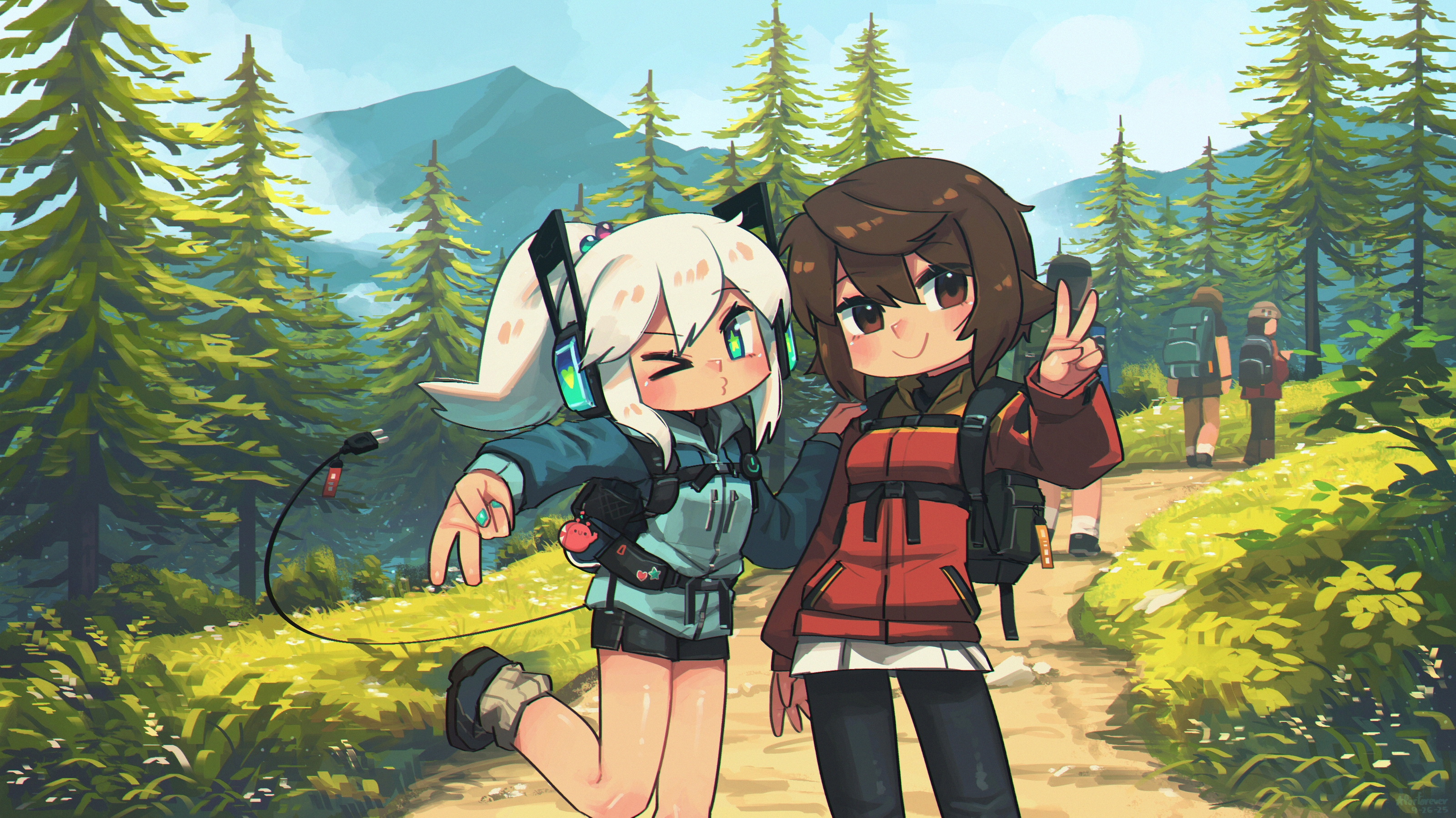 porforever, original, absurdres, commentary, english commentary, highres, > o, 2girls, 3others, aqua eyes, aqua nails, backpack, bag, bare legs, black pants, blush, borrowed character, brown eyes, brown hair, day, electric plug, electric plug tail, forest, grass, hair between eyes, hair flaps, hand on another's shoulder, heart, kuruna (pixel princess blitz), long hair, long sleeves, looking at viewer, mountainous horizon, multiple girls, multiple others, nail polish, nature, o3o, one eye closed, outdoors, pants, pine tree, pixel princess blitz, ponytail, robot ears, short hair, short shorts, shorts, star-shaped pupils, star (symbol), symbol-shaped pupils, tail, tree, v, white hair