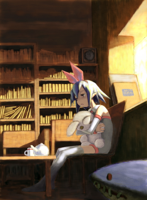 moyashi itame, pleinair, same-san, usagi-san, nippon ichi, bad id, bad pixiv id, blue hair, book, bookshelf, detached sleeves, hair ribbon, pointy ears, rabbit, ribbon, shark, short hair, sitting, solo, stuffed animal, stuffed toy, teapot, thighhighs, zettai ryouiki
