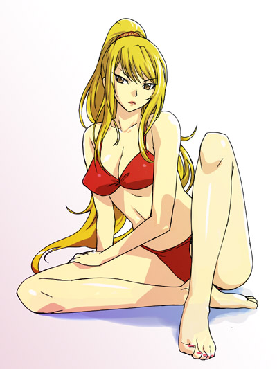 michael f91, phiona, valkyrie profile: covenant of the plume, valkyrie profile (series), 1girl, barefoot, bikini, blonde hair, breasts, feet, female focus, long hair, ponytail, red bikini, sitting, solo, spread legs, swimsuit, yellow eyes