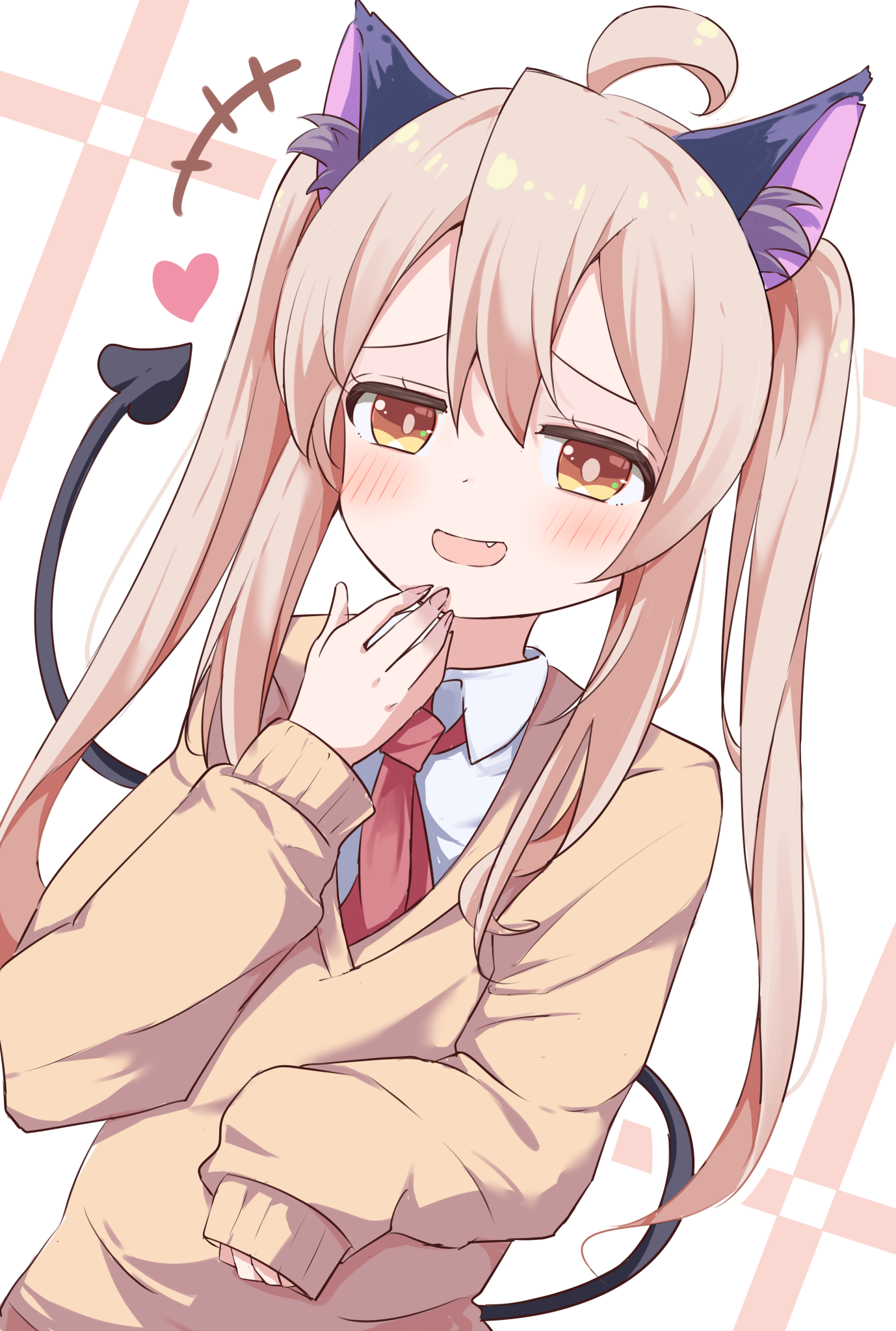 kazura, oyama mahiro, onii-chan wa oshimai!, commentary request, highres, +++, 1girl, ahoge, animal ears, hair between eyes, heart, long hair, long sleeves, looking at viewer, necktie, open mouth, red necktie, shirt, solo, tail, twintails, white shirt