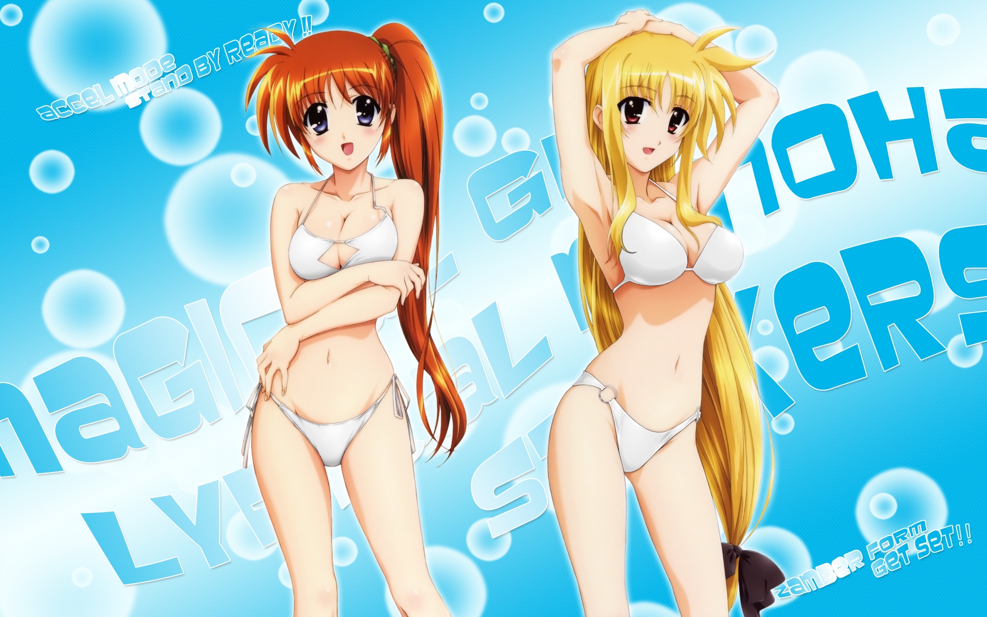 okuda yasuhiro, fate testarossa, takamachi nanoha, lyrical nanoha, mahou shoujo lyrical nanoha, mahou shoujo lyrical nanoha strikers, highres, 00s, 2girls, armpits, arms up, bikini, blonde hair, blue eyes, blush, breasts, cleavage, copyright name, long hair, low-tied long hair, multiple girls, o-ring, o-ring bottom, orange hair, purple eyes, red eyes, side-tie bikini bottom, side ponytail, swimsuit, very long hair