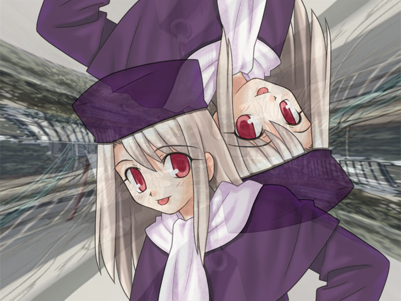illyasviel von einzbern, fate/stay night, fate (series), screencap, non-web source, 00s, 1girl, :p, hat, long hair, red eyes, tongue, tongue out