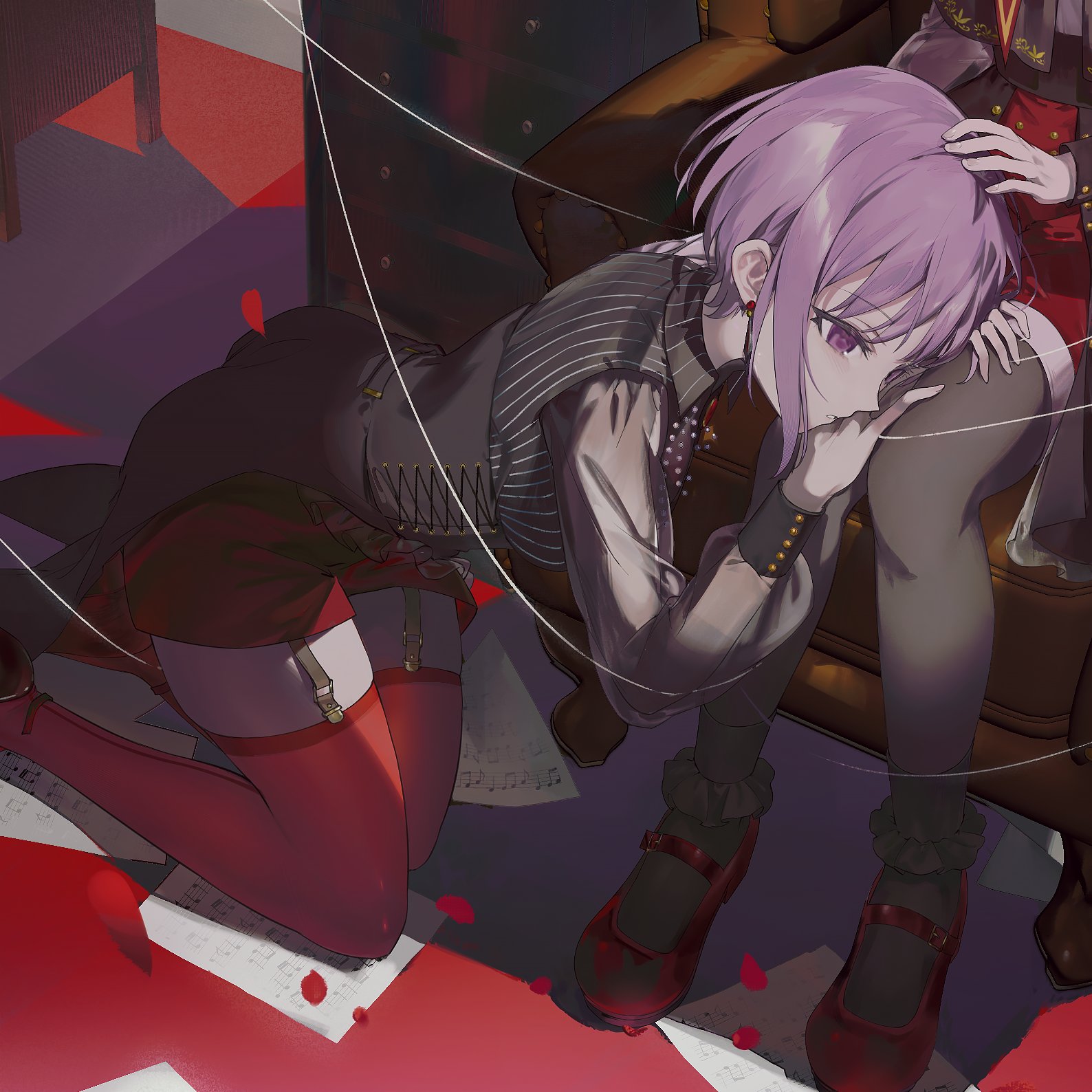 amano (amn amn), amoris (bang dream!), mortis (bang dream!), mortis (costume) (bang dream!), wakaba mutsumi, yuutenji nyamu, bang dream!, bang dream! it's mygo!!!!!, commentary, cropped, hashtag-only commentary, highres, 2girls, ankle socks, armchair, back-seamed legwear, black corset, black pantyhose, black shirt, black socks, buttons, chair, chest of drawers, coattails, corset, couple, double-breasted, expressionless, falling petals, frilled socks, frills, garter straps, hand on another's head, hands on another's thighs, headpat, kneeling, knees together feet apart, lap pillow, leaning on person, long sleeves, mary janes, multiple girls, on chair, out of frame, pantyhose, pantyhose under shorts, petals, pinstripe pattern, pinstripe shirt, puppet strings, purple eyes, purple hair, red petals, red shoes, red shorts, red thighhighs, rose petals, seamed legwear, see-through clothes, see-through sleeves, sheet music, shirt, shoes, short hair, short shorts, shorts, sidelocks, sitting, sleeve cuffs, socks, socks over pantyhose, solo focus, thighhighs, two-sided fabric, yuri