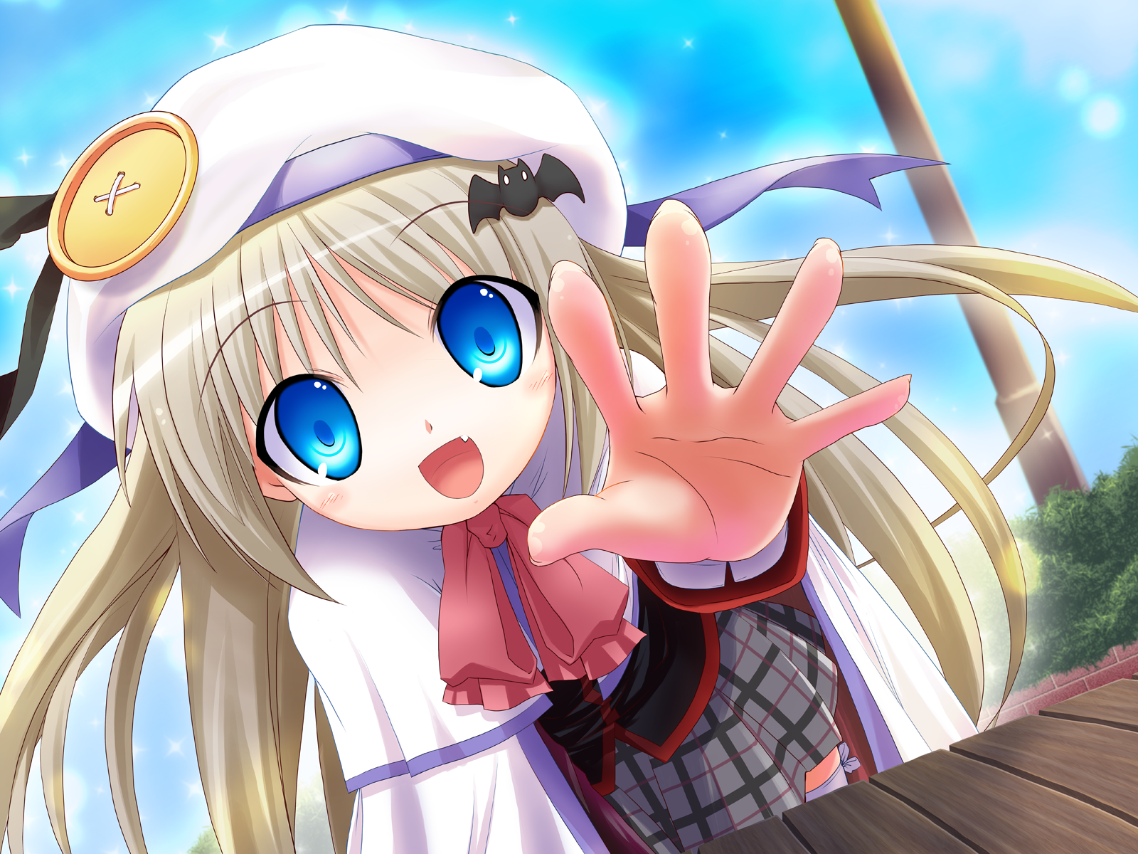 hirose madoka, noumi kudryavka, little busters!, silver hair, bad id, bad pixiv id, highres, 1girl, beret, blonde hair, blue eyes, blush, bow, buttons, cape, fang, female focus, hair ornament, hairclip, hat, large buttons, long hair, outstretched arm, outstretched hand, pink bow, plaid clothes, plaid skirt, reaching, ribbon, school uniform, skirt, smile, solo
