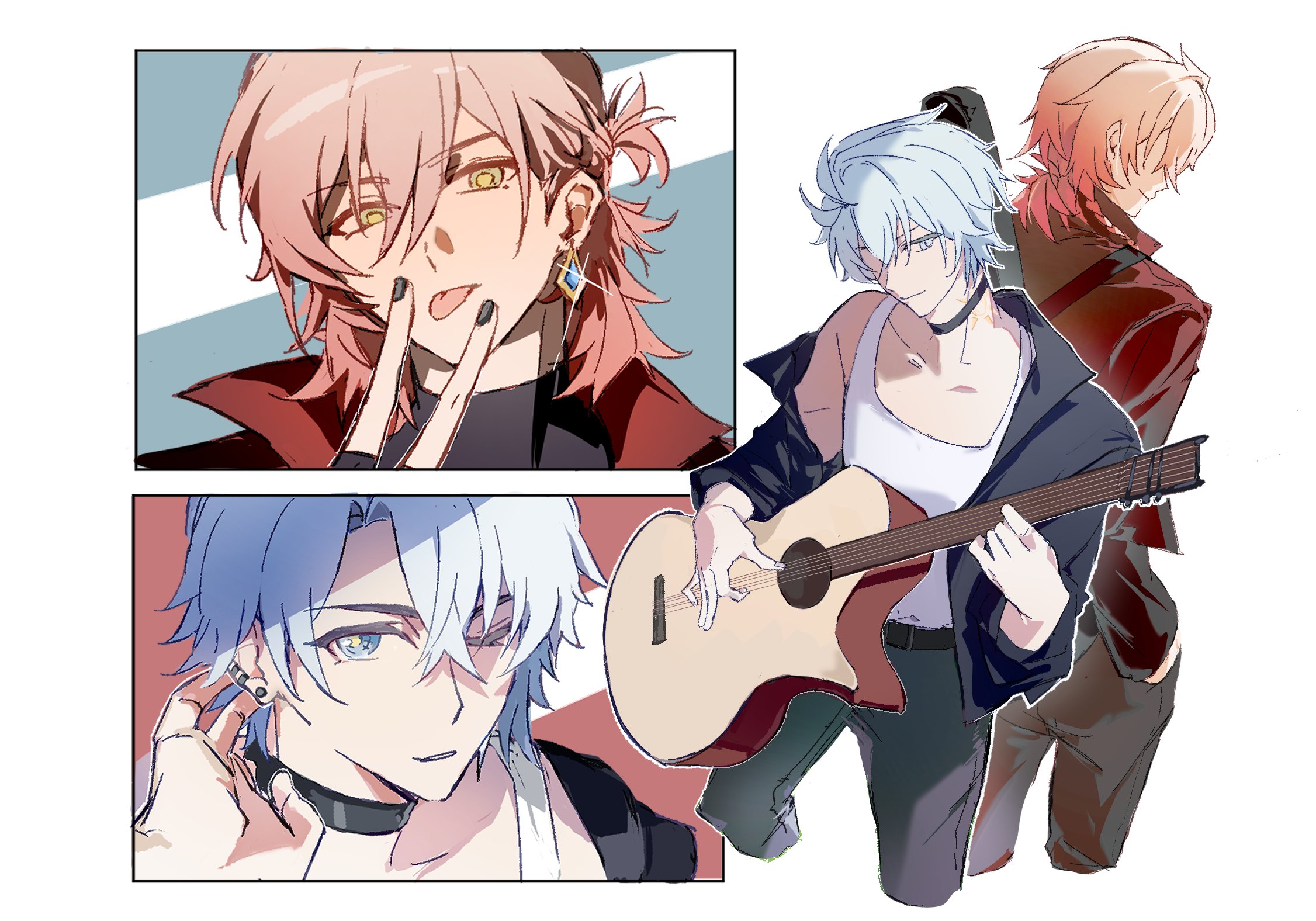 mydei (honkai: star rail), phainon (honkai: star rail), honkai: star rail, honkai (series), commentary, highres, 2boys, antenna hair, arm tattoo, belt, black belt, black choker, black jacket, black nails, black shirt, blonde hair, blue eyes, braid, chest tattoo, choker, facial tattoo, gradient hair, guitar, holding, holding guitar, holding instrument, hongcha040, instrument, jacket, male focus, medium hair, multicolored hair, multiple boys, open clothes, open jacket, parted bangs, red hair, red jacket, red tattoo, shirt, short hair, side braid, tank top, tattoo, turtleneck, turtleneck shirt, white hair, white tank top, yellow eyes