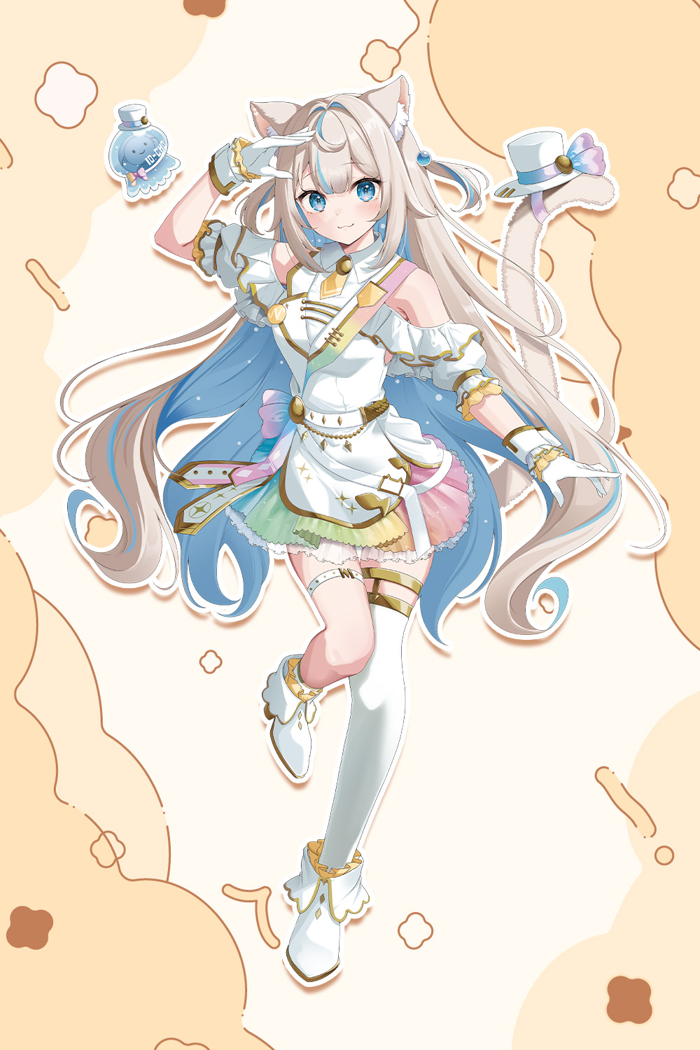 first stage production, artist request, commentary request, highres, second-party source, 1girl, animal ears, bare shoulders, blue eyes, blue hair, blush, boots, bow, breasts, closed mouth, colored lapels, dress, full body, gloves, hair between eyes, hair bow, hair ornament, hand up, hat on tail, high heels, knee up, knees, lapels, long hair, looking at viewer, multicolored hair, nyapupu marina, octopus, off shoulder, open mouth, pin, rainbow dress, ribbon, shoes, sidelocks, simple background, single thighhigh, skirt, smile, solo, star (symbol), streaked hair, tail, thigh strap, thighhighs, twintails, very long hair, virtual youtuber, white dress, white gloves, white hair, white thighhighs