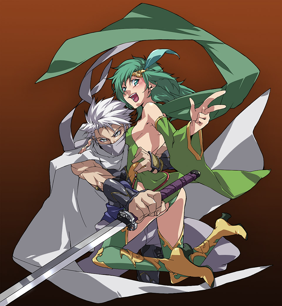 koma, koma (koma4018), edward geraldine, ninja (final fantasy), rydia (adult) (ff4), rydia (ff4), final fantasy, final fantasy iv, green legwear, silver hair, bad id, bad pixiv id, 1990s (style), 1boy, 1girl, :d, aged up, armor, blush, boots, breasts, cape, dress, green eyes, green hair, grey eyes, leotard, long hair, mask, medium breasts, ninja, open mouth, retro artstyle, smile, sword, weapon, yellow boots
