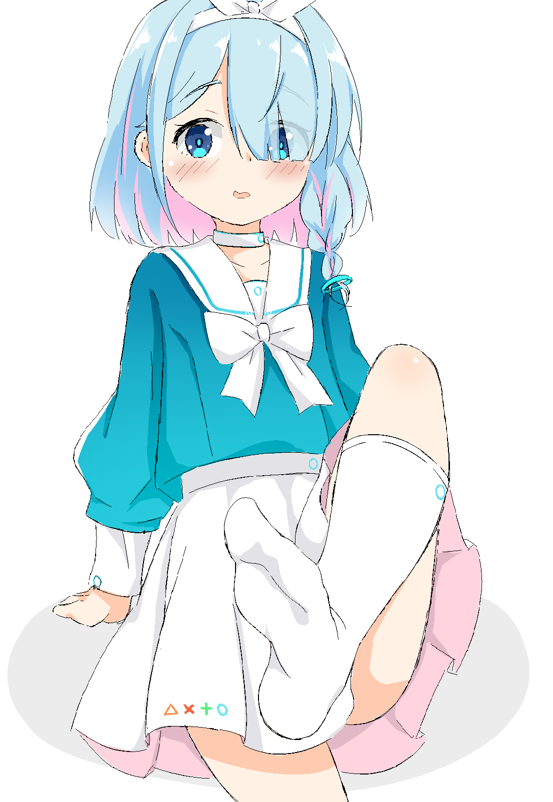 garden and lamb, arona (blue archive), blue archive, commentary, highres, 1girl, arm support, bare legs, blue eyes, blue hair, blue pupils, blue serafuku, blush, bow, bow hairband, bowtie, braid, bright pupils, choker, collarbone, colored inner hair, feet, foot focus, foot out of frame, hair over one eye, hairband, knee up, long sleeves, looking at viewer, miniskirt, multicolored hair, no shoes, on floor, parted lips, pink hair, pixel art, pleated skirt, presenting foot, sailor collar, school uniform, serafuku, short hair, simple background, single braid, sitting, skirt, sleeve cuffs, smile, socks, soles, solo, two-tone hair, white background, white bow, white bowtie, white choker, white hairband, white sailor collar, white skirt, white socks