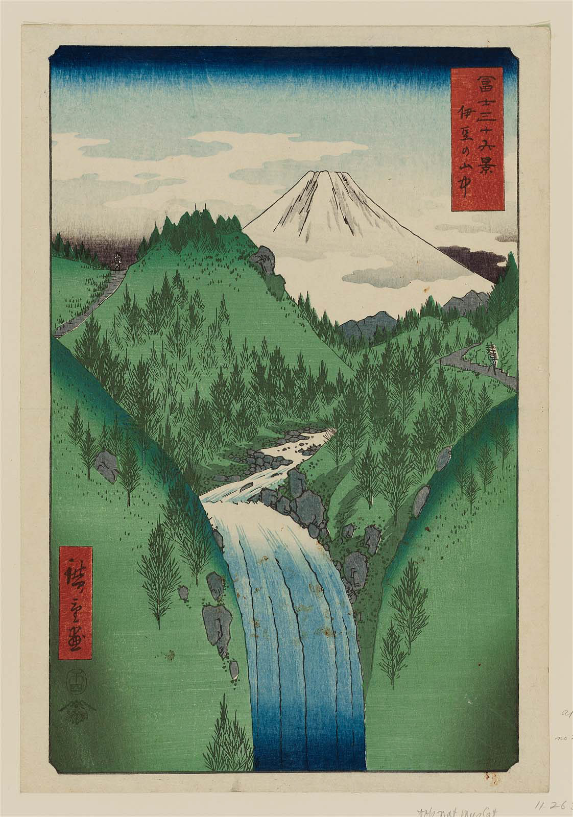 ando hiroshige, thirty-six views of mount fuji (hiroshige), highres, traditional media, translation request, 19th century, 2boys, blue sky, boulder, cloud, fine art parody, gradient sky, grass, hill, japan, mount fuji, mountain, multiple boys, nihonga, outdoors, parody, river, rock, scenery, sky, ukiyo-e, volcano, walking, water, waterfall