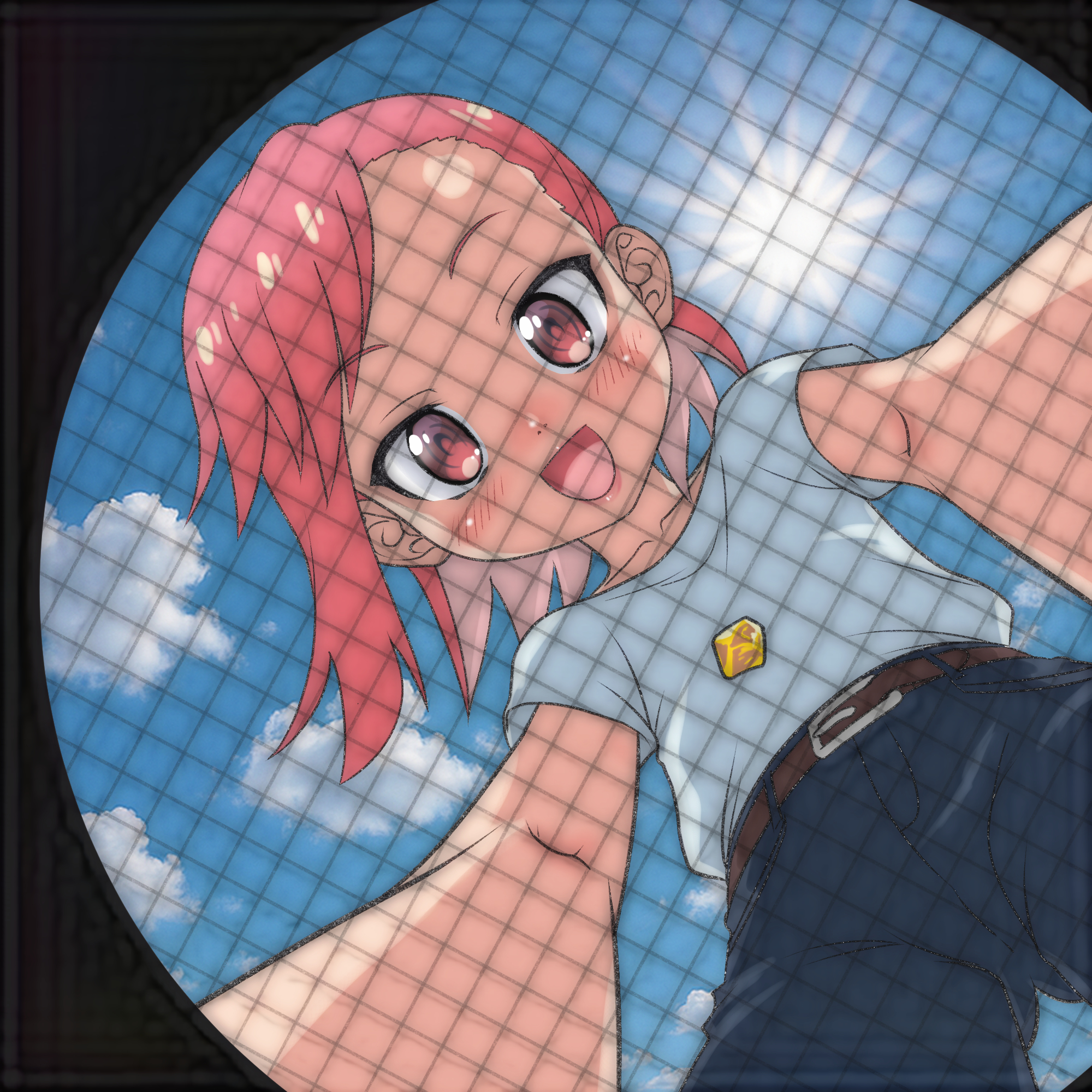 t jiroo (ringofriend), seto shouko, ruri no houseki, 1girl, belt, blue pants, blush, brown belt, cloud, collarbone, denim, flat chest, from below, gold, gold panning, jeans, light rays, long hair, looking at viewer, looking down, multicolored hair, open mouth, pants, pink hair, red eyes, red hair, shirt, short sleeves, sky, smile, standing, sun, sunbeam, sunlight, two-tone hair, white shirt