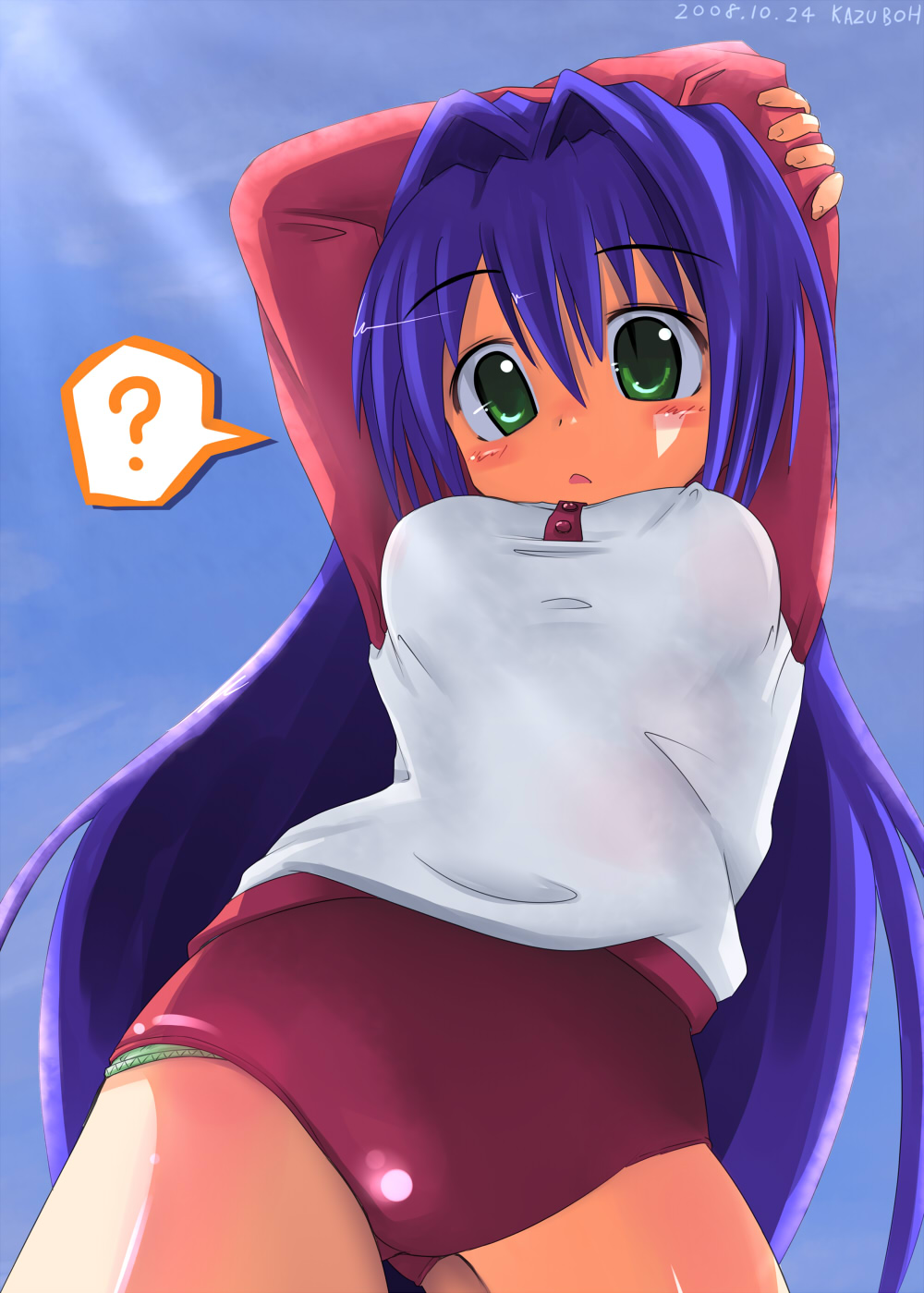kazuboh, minase nayuki, kanon, highres, 1girl, ?, arms up, blue hair, blush, breasts, buruma, confused, covered erect nipples, cowboy shot, female focus, from below, green eyes, green panties, gym uniform, large breasts, long hair, looking down, looking up, open mouth, panties, pov, raglan sleeves, simple background, solo, stretching, underwear, very long hair