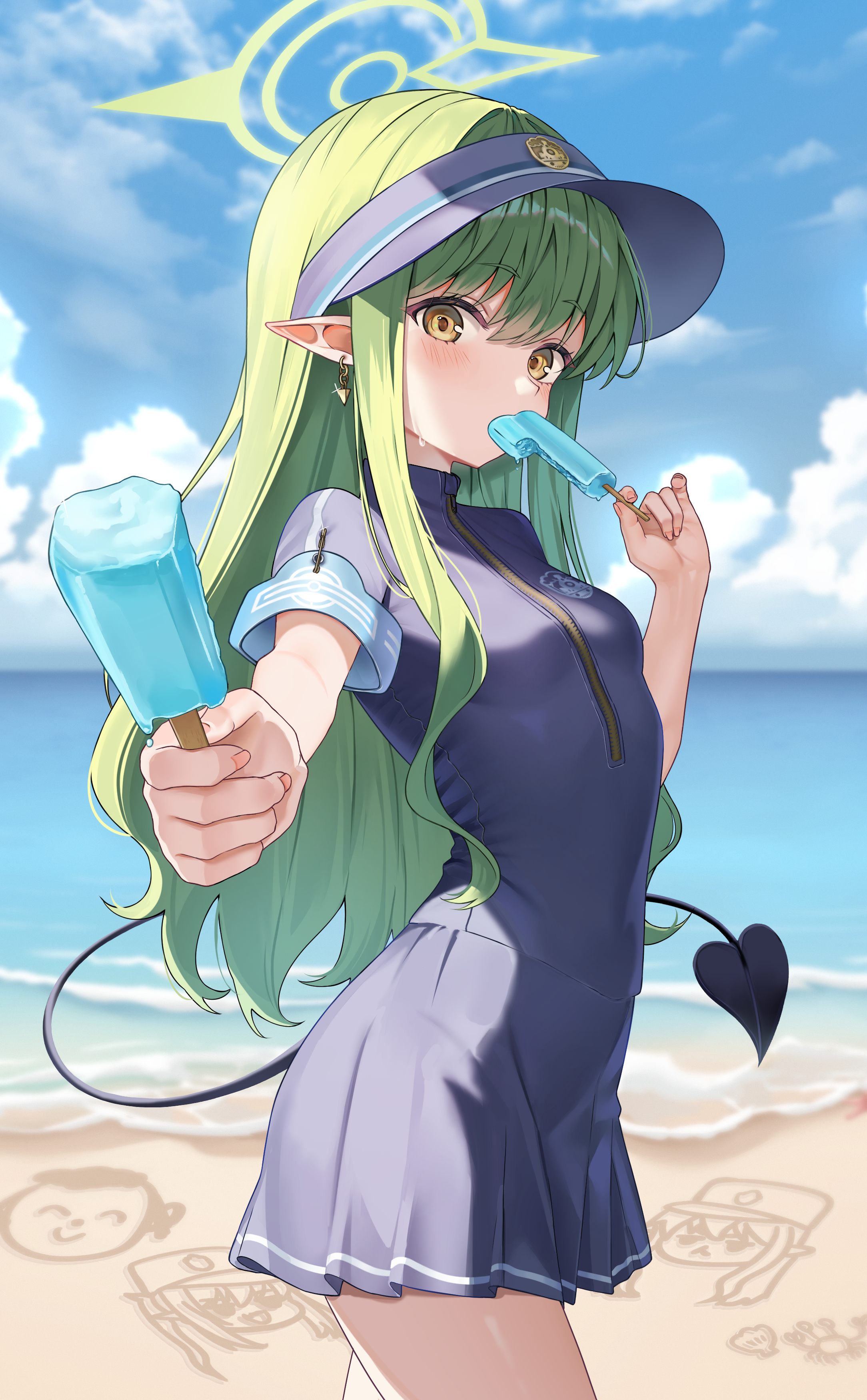 lnji (rnlwls34), doodle sensei (blue archive), hikari (blue archive), nozomi (blue archive), sensei (blue archive), blue archive, absurdres, commentary request, highres, 1girl, beach, demon tail, food, green hair, halo, holding, holding food, long hair, looking at viewer, outdoors, pointy ears, popsicle, sky, solo, tail, visor cap, yellow eyes