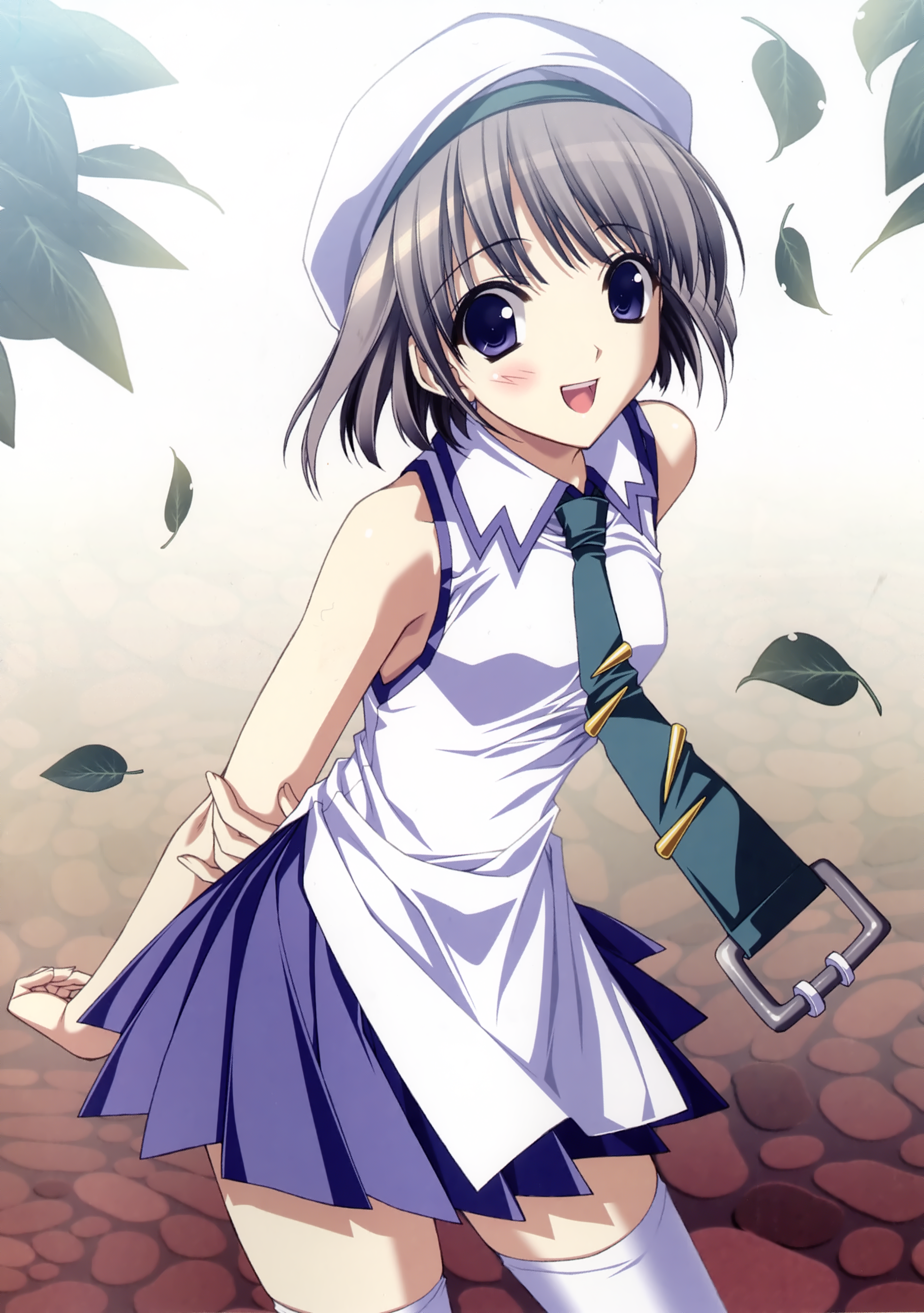 suzuhira hiro, fujisaki asahi, ashita no kimi to au tame ni, absurdres, highres, lossy-lossless, leaf, necktie, purple eyes, school uniform, short hair, solo, thighhighs