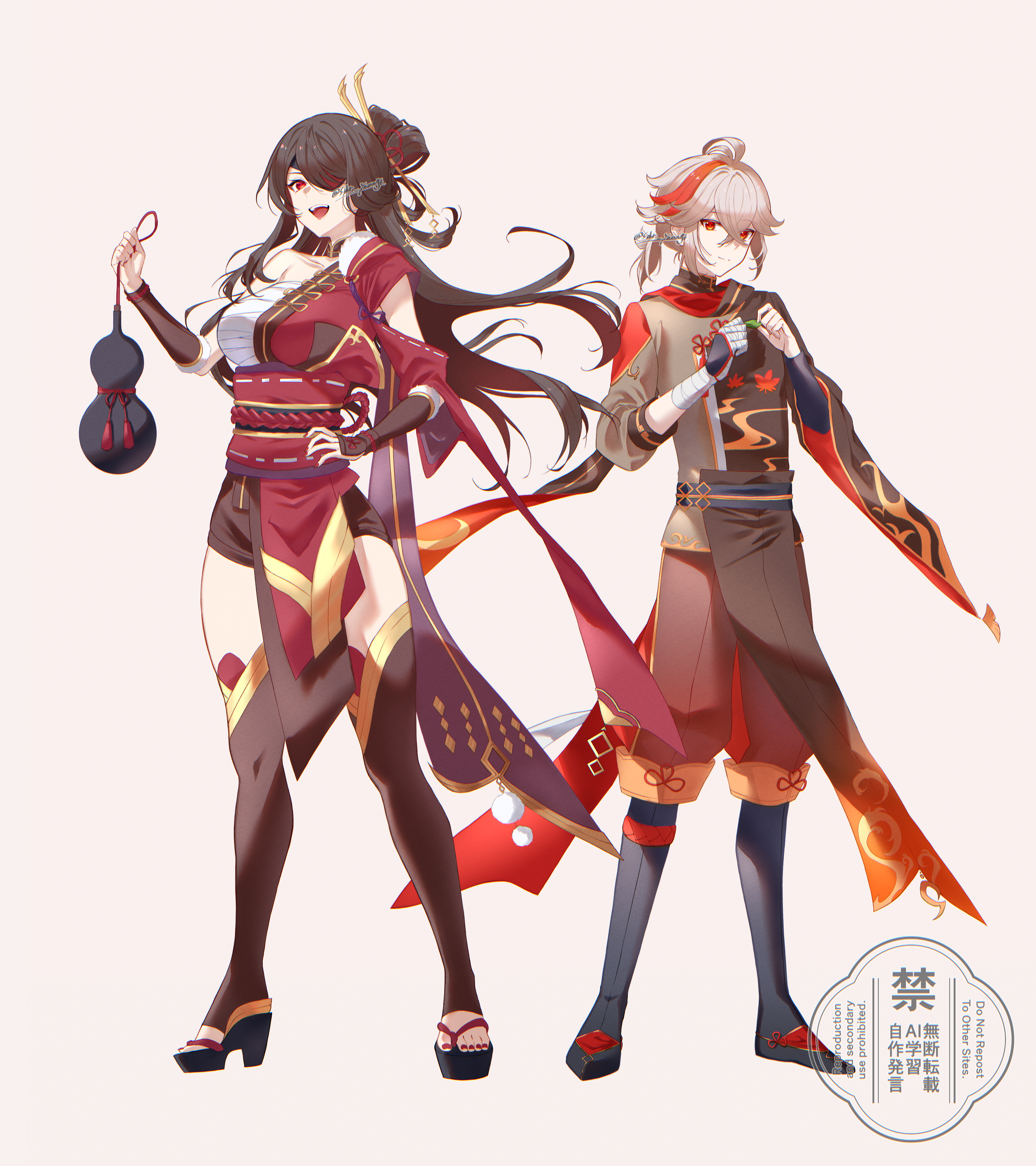 shidare yanagi, beidou (genshin impact), kaedehara kazuha, genshin impact, absurdres, highres, 1boy, 1girl, :d, bandaged hand, bandages, bare shoulders, black hair, black shoes, black thighhighs, breasts, chest sarashi, dress, eyepatch, full body, gourd, grey background, grey hair, grey shirt, hair between eyes, hair ornament, hair stick, hand on own hip, holding, large breasts, long hair, long sleeves, looking at viewer, multicolored hair, nail polish, open mouth, red dress, red eyes, red hair, red nails, sarashi, shirt, shoes, short hair, simple background, smile, standing, thighhighs, toenail polish, toenails, two-tone hair, very long hair