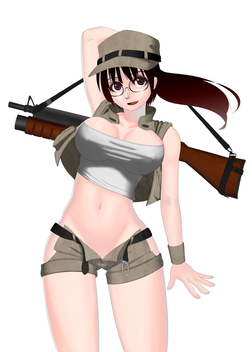 san sakaki, fio germi, metal slug, snk, highres, 1girl, belt, breasts, brown eyes, brown hair, female focus, glasses, gun, hat, jacket, large breasts, midriff, military, military vehicle, motor vehicle, navel, ponytail, shorts, solo, tank, unzipped, weapon