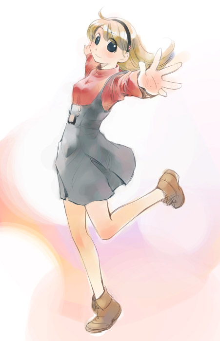 ikeda jun (mizutamari), original, 1girl, blonde hair, breasts, dress, female focus, foreshortening, hairband, pinafore dress, sleeveless, sleeveless dress, small breasts, solo