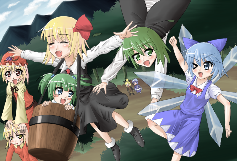 wawawa karashi, aki minoriko, aki shizuha, cirno, kisume, kurodani yamame, letty whiterock, rumia, wriggle nightbug, touhou, bad id, bad pixiv id, 6+girls, antennae, blonde hair, blue eyes, blue hair, bow, bucket, cape, fang, female focus, food, fruit, grapes, green eyes, green hair, hair bow, hair ribbon, hat, in bucket, in container, multiple girls, nature, neck ribbon, necktie, outdoors, outstretched arms, red eyes, ribbon, short hair, sky, spread arms, team 9 (touhou), twintails, wings