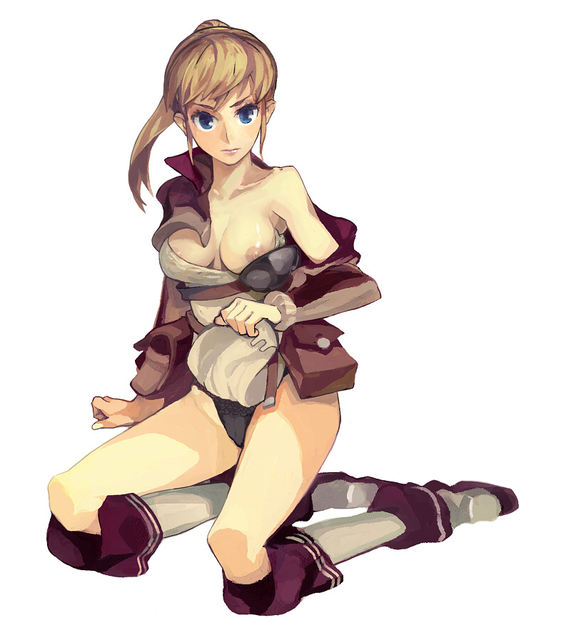 forgotten artist, fantasy earth zero, 1girl, blue eyes, breasts, brown hair, female focus, kneeling, long hair, nipples, open clothes, ponytail, solo, sword, weapon