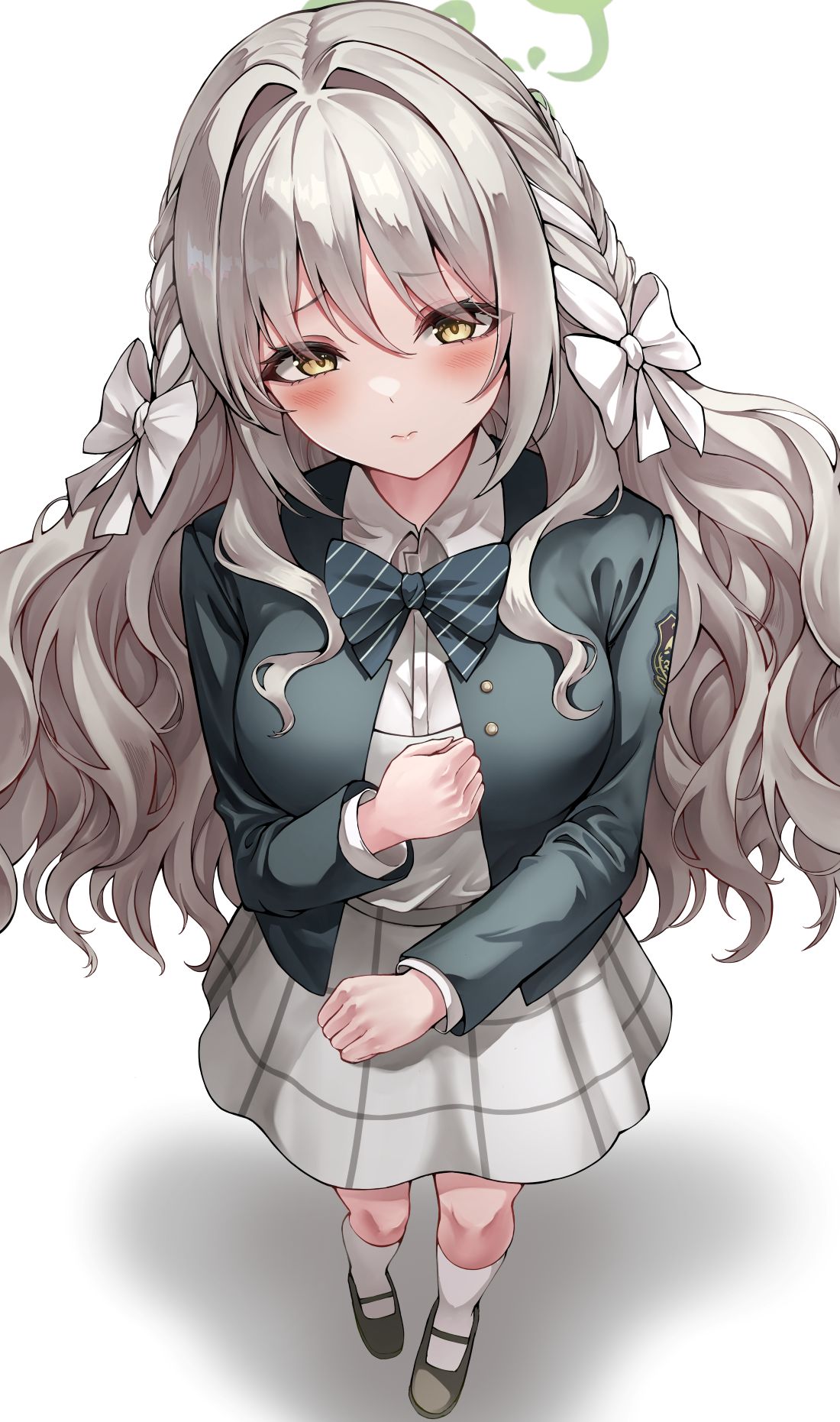 lds (dstwins97), miyo (blue archive), blue archive, highres, 1girl, black bow, black bowtie, black coat, blush, bow, bowtie, braid, breasts, closed mouth, coat, diagonal-striped bow, diagonal-striped bowtie, diagonal-striped clothes, foreshortening, full body, grey hair, hair bow, hair intakes, large breasts, long hair, long sleeves, looking at viewer, school uniform, shirt, side braids, simple background, solo, standing, striped bow, striped bowtie, striped clothes, white background, white bow, white shirt, yellow eyes