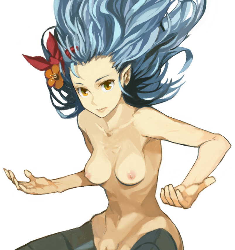 forgotten artist, rocbouquet, rocbouquet (saga), romancing saga, romancing saga 2, saga, 1girl, armpits, blue hair, breasts, female focus, flower, hair flower, hair ornament, hip bones, long hair, looking at viewer, nipples, nude, orange eyes, pointy ears, solo, uncensored