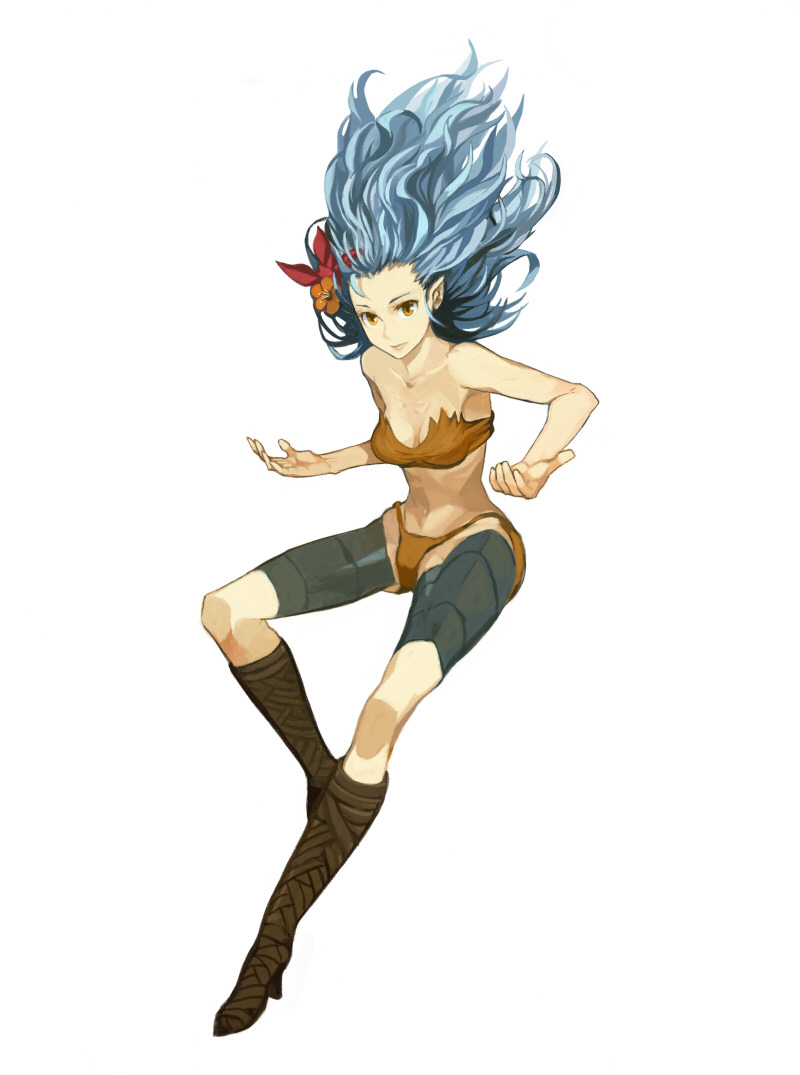 forgotten artist, rocbouquet, rocbouquet (saga), romancing saga, romancing saga 2, saga, 1girl, blue hair, female focus, flower, hair flower, hair ornament, long hair, midriff, orange eyes, pointy ears, solo, tribal