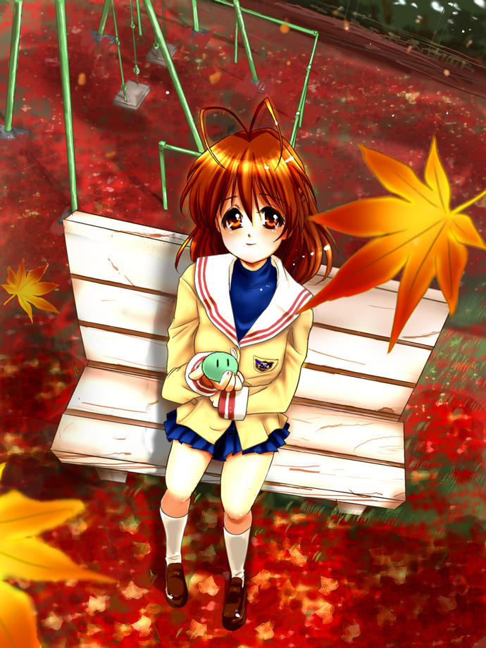 bt (shio oninko), buri, furukawa nagisa, clannad, dango daikazoku, bad id, bad pixiv id, 00s, 1girl, antenna hair, autumn, brown eyes, brown hair, dango, female focus, food, school uniform, short hair, solo, wagashi