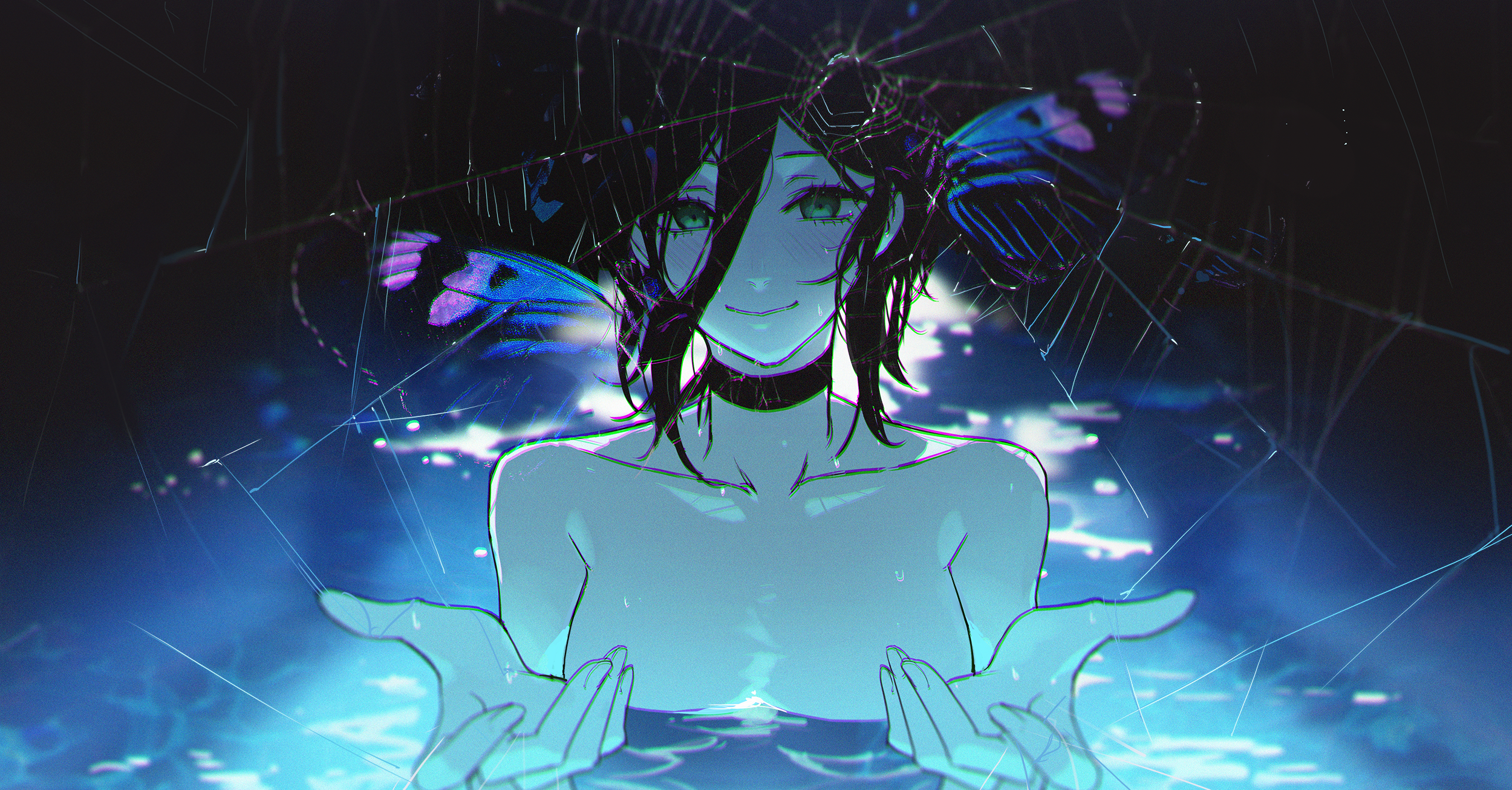 kuroduki, reze (chainsaw man), chainsaw man, commentary request, highres, 1girl, bare shoulders, black hair, blush, breasts, bullet hole, choker, green eyes, hair between eyes, looking at viewer, medium breasts, medium hair, partially submerged, smile, solo, wet