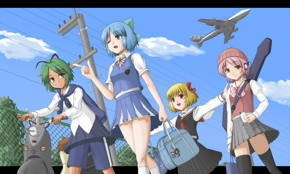 sanen, cirno, daiyousei, letty whiterock, mystia lorelei, rumia, wriggle nightbug, touhou, vehicle, 4girls, adapted costume, aircraft, airplane, antennae, blonde hair, blue eyes, blue hair, bow, cameo, charm (object), contemporary, dark-skinned female, dark skin, digital media player, dress, female focus, green eyes, green hair, guitar, hair bow, hair ribbon, hat, headphones, instrument, ipod, jet airliner, letterboxed, motor vehicle, multiple girls, outstretched arms, pink hair, purple hair, red eyes, ribbon, school uniform, scooter, serafuku, short hair, side ponytail, skirt, spread arms, tan, team 9 (touhou), thighhighs, yellow eyes