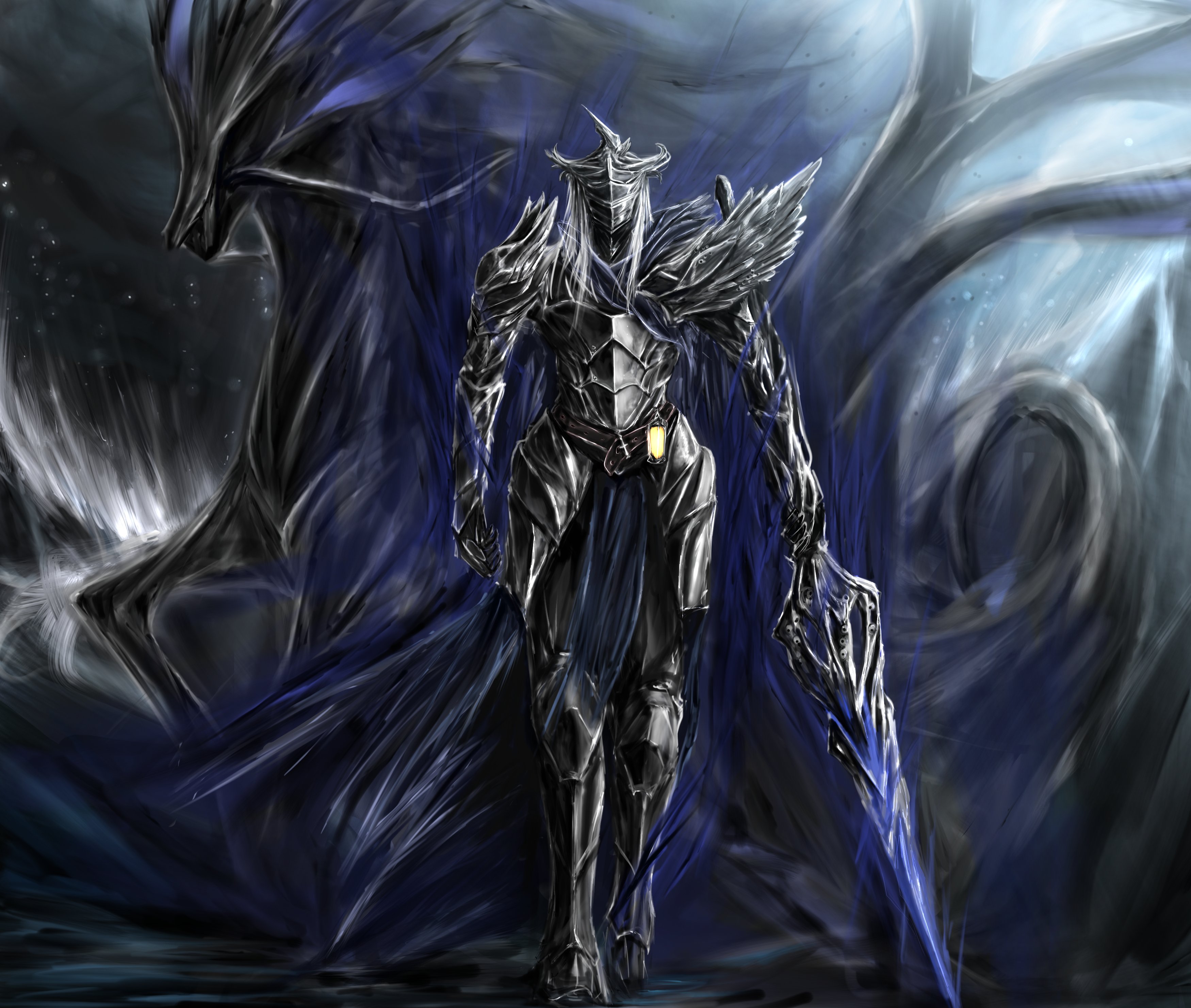 hen na, arknights, absurdres, highres, 1boy, armor, cape, horse, knight, lance, monster, polearm, rocinante (arknights), tentacles, the last knight (arknights), weapon