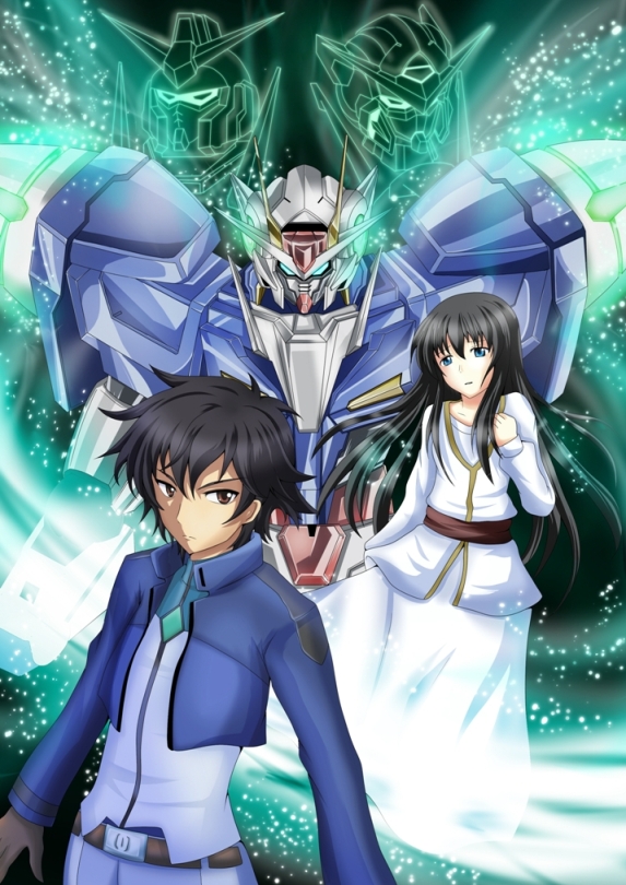 minato1201, minato teisyoku, marina ismail, setsuna f. seiei, gundam, gundam 00, uniform, 00s, 1boy, 1girl, belt, black hair, blue eyes, dress, long hair, red eyes, short hair, skirt