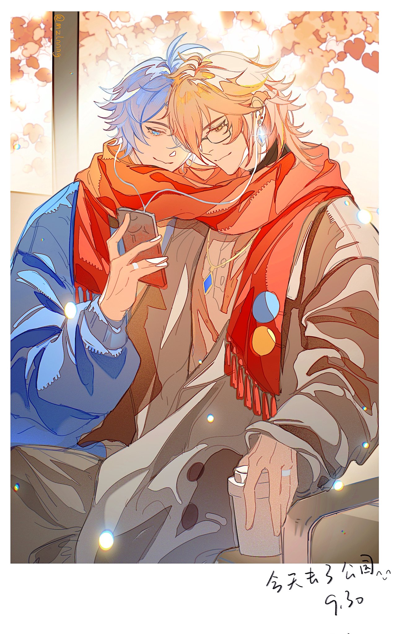mydei (honkai: star rail), phainon (honkai: star rail), honkai: star rail, honkai (series), chinese commentary, commentary request, highres, 2boys, antenna hair, blonde hair, blue coat, blue eyes, blue gemstone, braid, brown coat, cellphone, coat, cup, disposable coffee cup, disposable cup, earphones, earrings, gem, glasses, gradient hair, holding, holding cup, holding phone, jewelry, male focus, medium hair, multicolored hair, multiple boys, mzlnnng, phone, red hair, red scarf, scarf, shared clothes, shared earphones, shared scarf, short hair, side braid, smartphone, twitter username, white hair, winter clothes, winter coat, yellow eyes