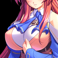 gunner-l, harukaze yumari, oppai baka, animated, animated gif, lowres, non-web source, ascot, belt, blush, bouncing breasts, breasts, close-up, detached sleeves, huge breasts, large breasts, long hair, red hair, school uniform, solo, very long hair