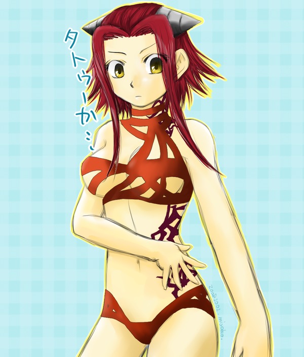 izayoi aki, yu-gi-oh!, yu-gi-oh! 5d's, bad id, bad pixiv id, 00s, 1girl, breasts, drill, female focus, medium breasts, red hair, short hair, short hair with long locks, solo, swimsuit, tattoo, yellow eyes