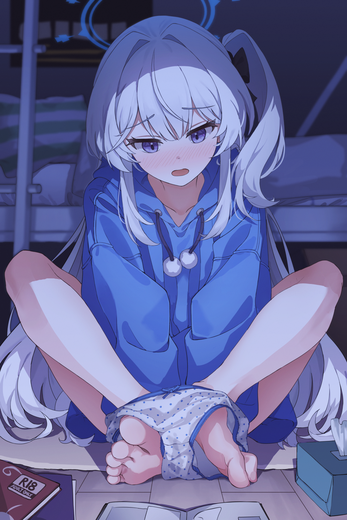 ripnte, miyako (blue archive), miyako (young) (blue archive), blue archive, highres, 1girl, barefoot, blue halo, blue hoodie, blush, book, butterfly sitting, casual, halo, hood, hood down, hoodie, no pants, official alternate costume, one side up, open mouth, panties, panty pull, polka dot, polka dot panties, pornography, purple eyes, reading, sitting, solo, underwear, white hair, white panties