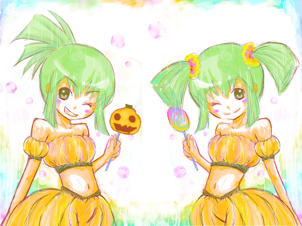 seria (hadukiseria), yoru (77957792), luca (yu-gi-oh!), yu-gi-oh!, yu-gi-oh! 5d's, bad id, bad pixiv id, 00s, 1boy, 1girl, blush, crossdressing, green eyes, green hair, halloween, ponytail, skirt, strapless, trap, tube top, twintails