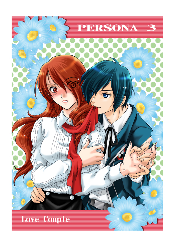 kitakami ryo, kitakami ryou, kirijou mitsuru, yuuki makoto (persona 3), atlus, persona, persona 3, 1boy, 1girl, blue eyes, blue hair, blush, couple, eyes visible through hair, flower, hetero, holding, holding hands, hug, hug from behind, mouth hold, red eyes, red hair, school uniform, undressing