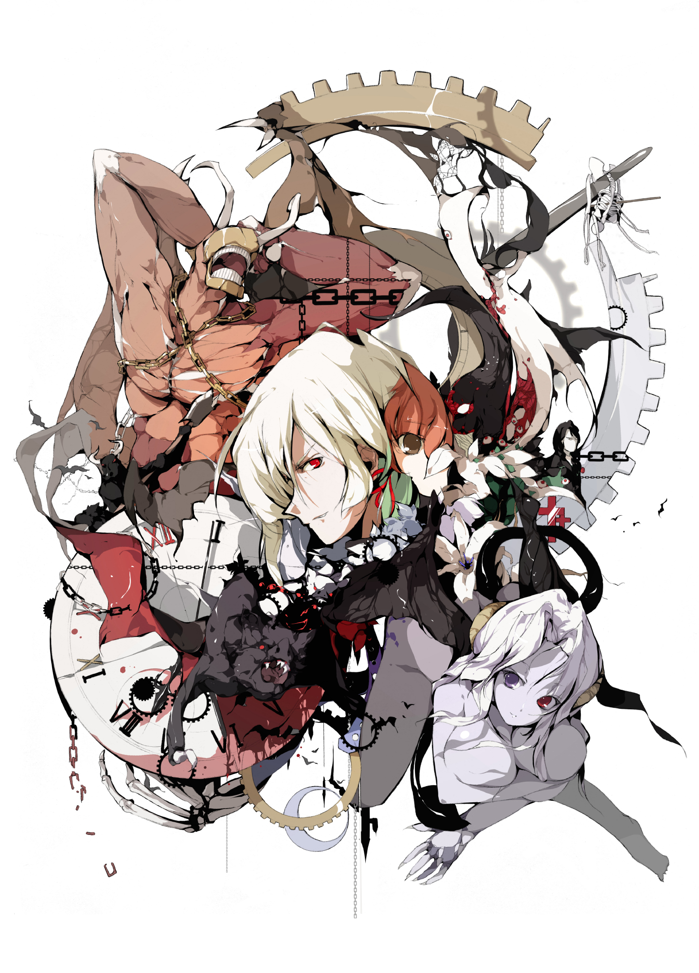 sakura sora, alucard (castlevania), arikado genya, hakuba mina, soma cruz, castlevania: aria of sorrow, castlevania: dawn of sorrow, castlevania (series), original, silver hair, bad id, bad pixiv id, highres, 1boy, 2girls, bat (animal), blonde hair, blood, breasts, chain, clock, demon, demon girl, dhampir, flower, gears, half-human, heterochromia, horns, large breasts, minotaur, monster, multiple girls, red eyes, scythe, skeleton, undead, vampire, wings