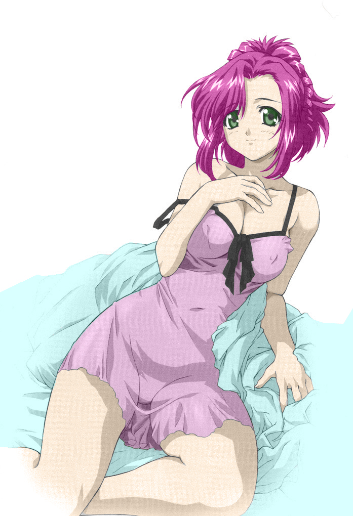 tim tim machine, kazami mizuho, onegai teacher, colorized, non-web source, third-party edit, 00s, 1girl, arm support, bed, breasts, cleavage, covered erect nipples, female focus, green eyes, lingerie, medium breasts, nightgown, pink hair, smile, solo, underwear