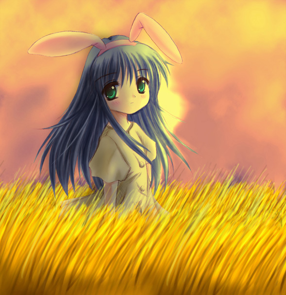 okotan (dewdrops), kawasumi mai, kanon, bad id, bad pixiv id, 1girl, animal ears, black hair, female focus, field, green eyes, headband, long hair, rabbit ears, solo