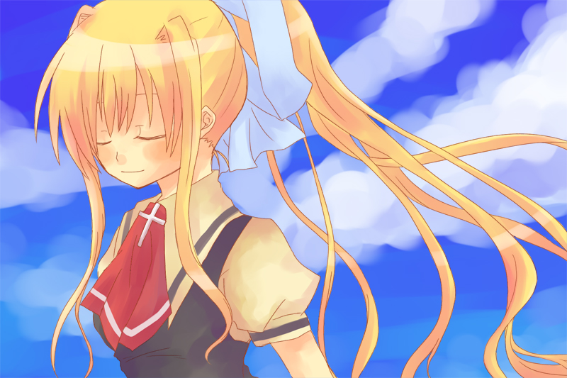 akome, kamio misuzu, air (visual novel), bad id, bad pixiv id, 00s, blonde hair, closed eyes, long hair, ponytail, school uniform, very long hair