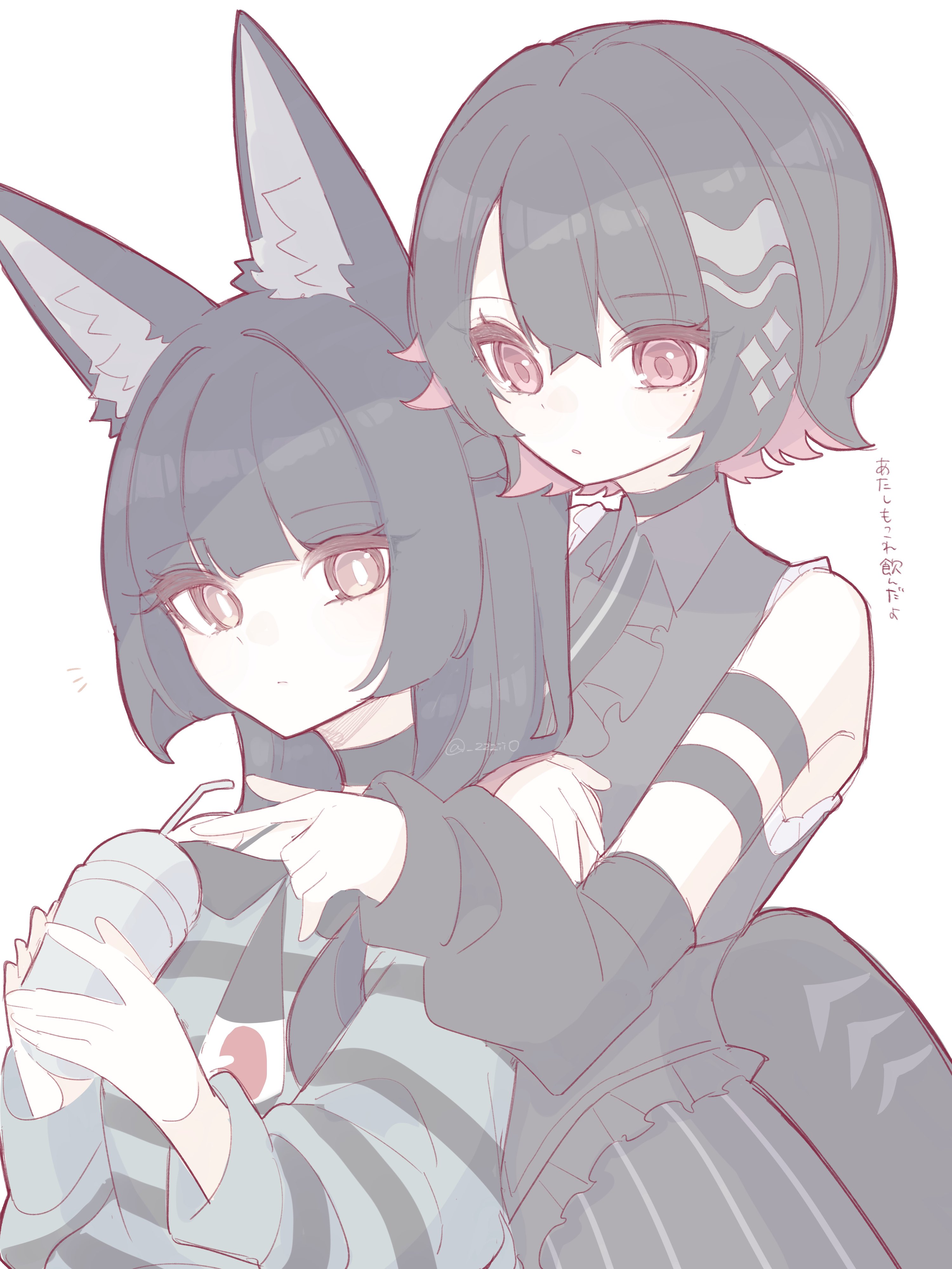 zzzii0, ellen joe, hoshimi miyabi, zenless zone zero, absurdres, highres, 2girls, animal ear fluff, animal ears, armband, bare shoulders, black hair, black skirt, collar, colored inner hair, cup, detached sleeves, drink, drinking straw, fins, fish tail, fox ears, fox girl, from behind, hair between eyes, hand on another's shoulder, holding, holding drink, long hair, looking at object, looking to the side, mole, mole under eye, multicolored hair, multiple arm straps, multiple girls, pointing, pointing at object, red eyes, scar, scar on tail, shark girl, shark tail, shirt, short hair, sitting, skirt, sleeveless, sleeveless shirt, standing, striped clothes, striped shirt, striped skirt, tail, white background